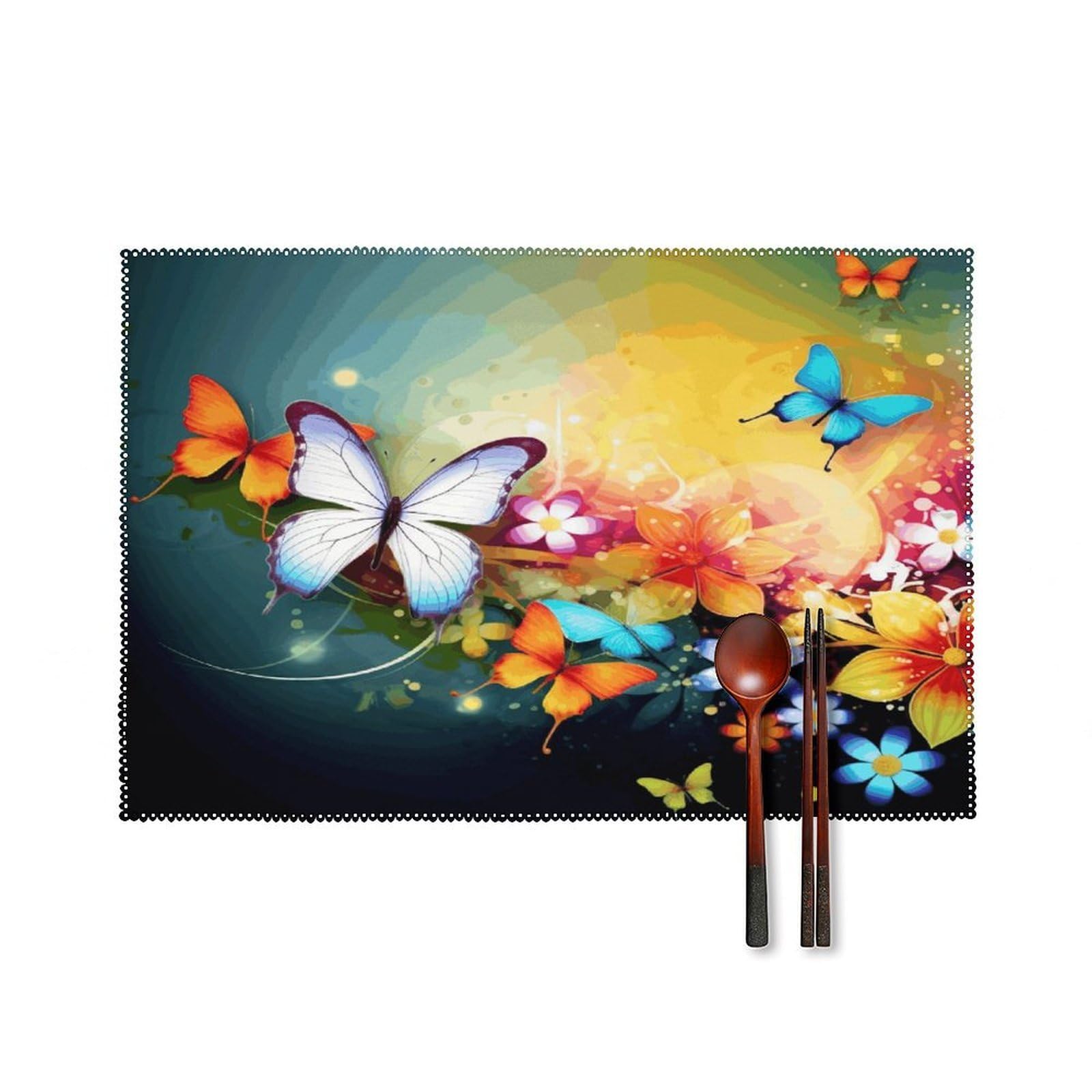 Colorful with Butterfly Placemats Set of 4 Canvas Washable Cloth Place Mats Wipeable Heat Resistant Table Mats Elegant Cloth Placemat for Kitchen Dinning Party Table Decor 12" X 18"