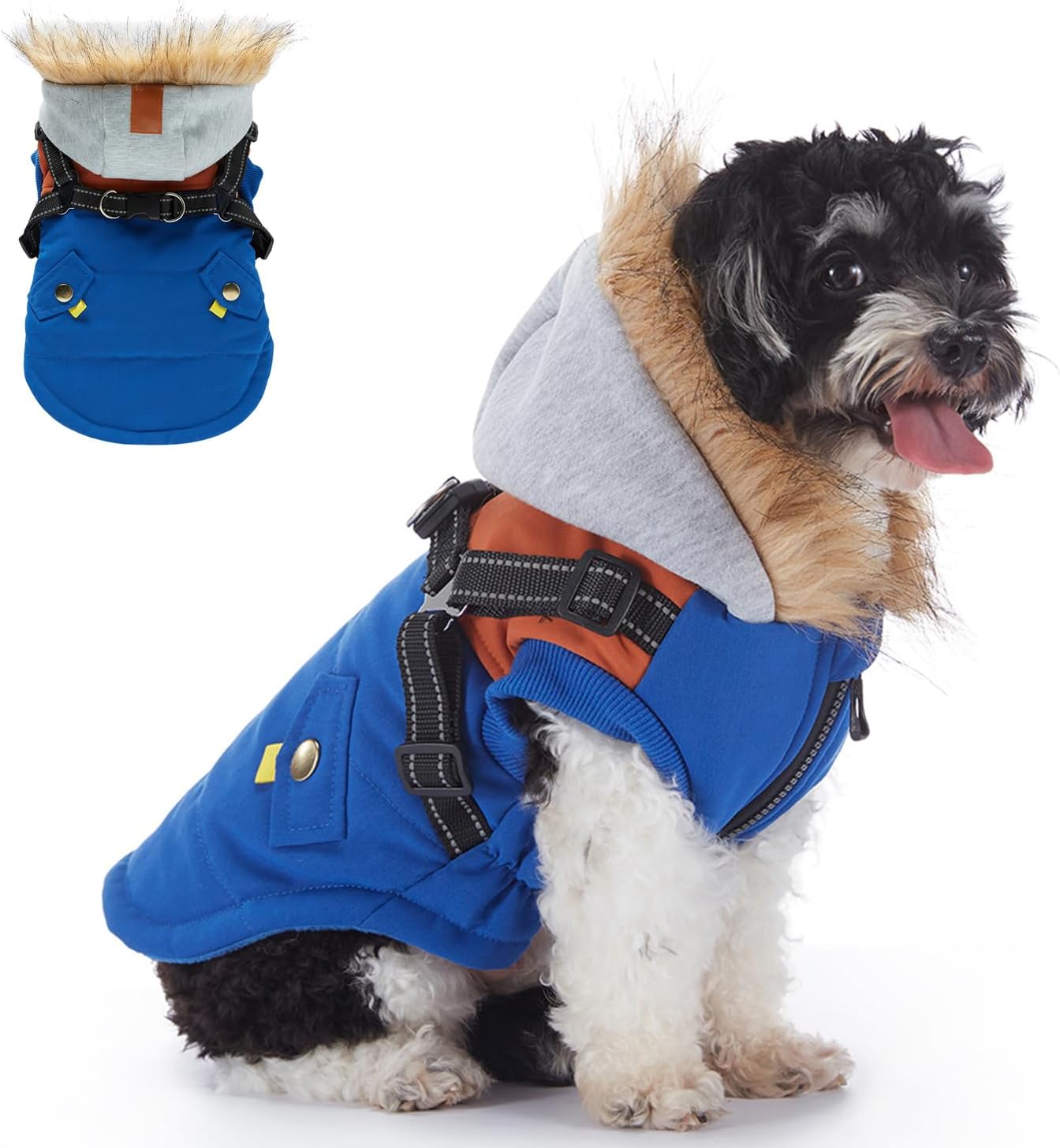 HDKUW Small Dog Harness Jacket Hooded,Pet Coat Cold Weather Warm Vest Jacket with Harness,Dog Waterproof Windproof Cotton Costume for Puppy Small Medium Dogs Pink Dots L