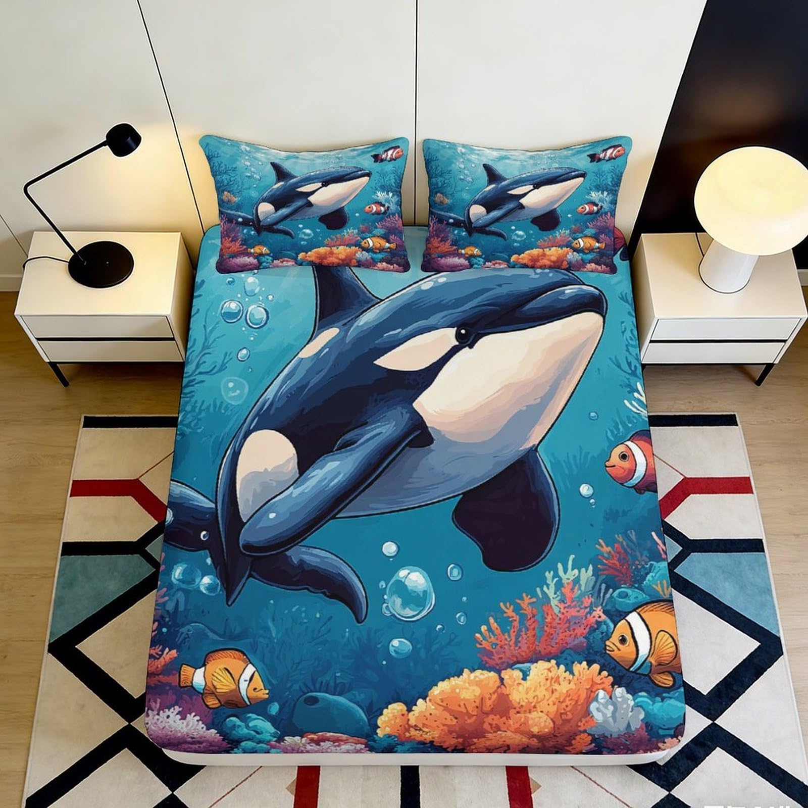 3D Printed Ocean Whale Fitted Sheet Microfiber Soft Blue Sea Life Bed Cover for Bedroom Dorm Mattress Decor 90x200x25cm