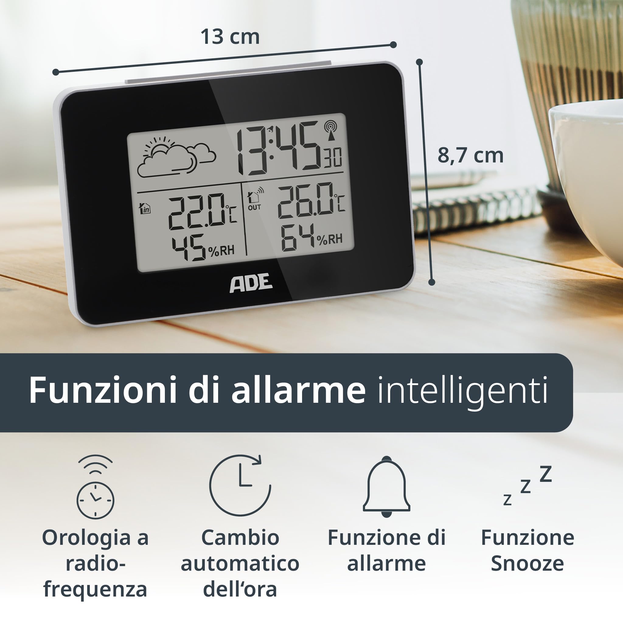 ADE Stazione meteo Digitale con Sensore Esterno | Termometro Digitale Ambiente Interno Esterno | Igrometro Umidità | Sveglia | Display a LED illuminato | nero