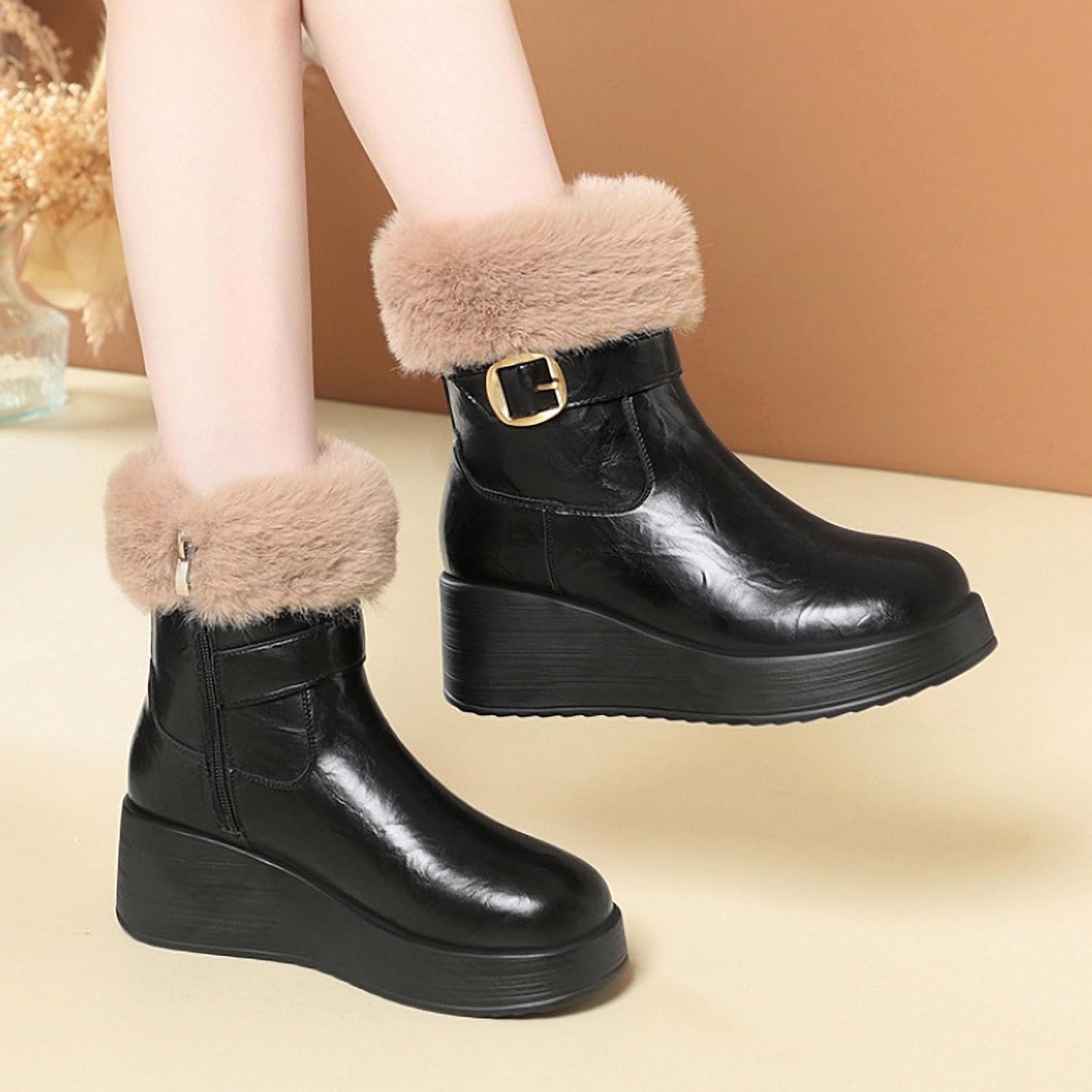 Women's Warmers Fuzzy Platform Warm Ankle Boots Vintage Winter Leather Fur Lined Round Toe Faux Fur Comfortable Pull On Wedge Snow Short Booties for Causal work Outdoor work
