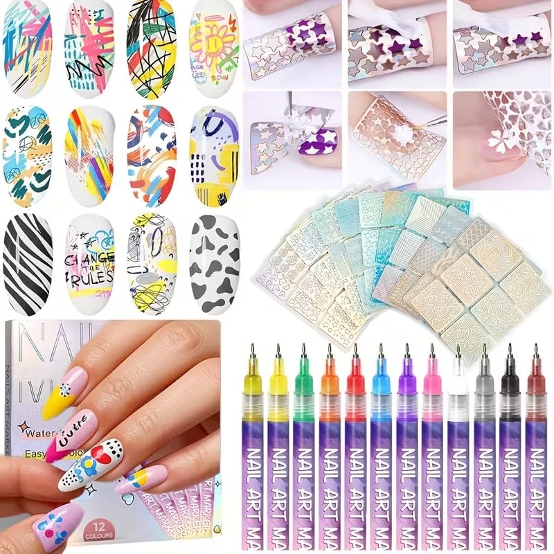 Nail Art Pens, New 12 Colors Quick-drying Waterproof Nail Art Markers for 3D Nail Art, Fine Tip 0.5mm Nail Polish Pens for DIY Nail Design, Portable Salon Tools for Home Manicure and Kids Gifts