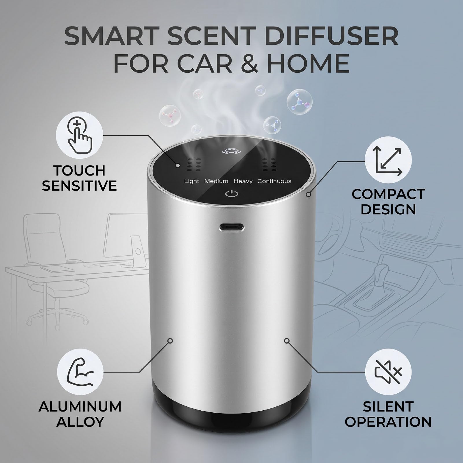 Naroote Difusor de Aceites Esenciales, Difusor Automático de Sobremesa de Aleación de Aluminio con Control Táctil, Funcionamiento Silencioso, para la Oficina, el Dormitorio