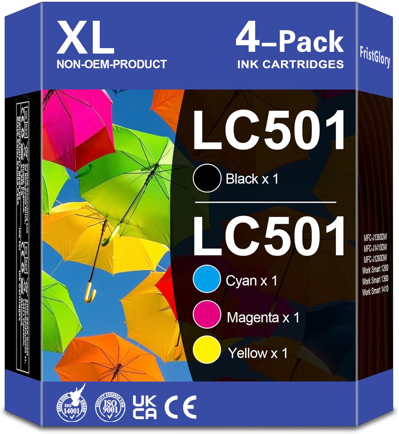 LC501 Ink Cartridges High-Yield Replacement for LC501 XL Ink Cartridges use with Smart MFC-J1360DW MFCJ1360DW MFC-J1260DW MFC-J1410DW Printer Ink(4-Pack, LC501BK/ LC501C/ LC501M/ LC501Y)