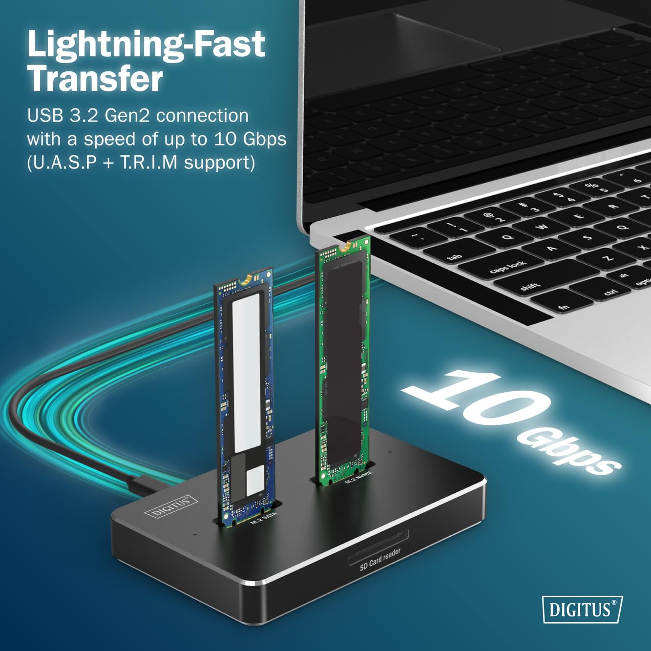 DIGITUS M.2 SSD Docking Station – per SSD NVMe e SATA fino a 4 TB – Lettore di schede SD Express – USB-C 3.2 Gen2 10 Gbit/s – per 2242, 2260, 2280, 22110 – Hot-Swap – Nero