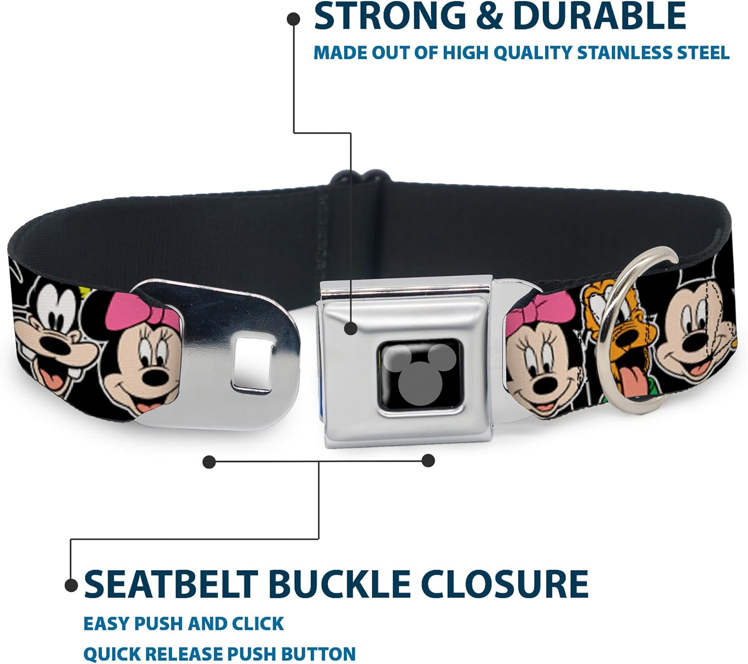 Buckle-Down Seatbelt Buckle Dog Collar - Classic Disney Character Faces Black - 1" Wide - Fits 15-26" Neck - Large