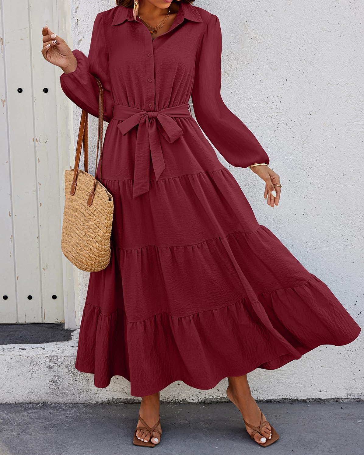 dowerme Women's Long Sleeve Dress 2026 Button Down Belted A-Line Flowy Spring Outfits Ruffle Maxi Holiday Party Dresses - Image 2