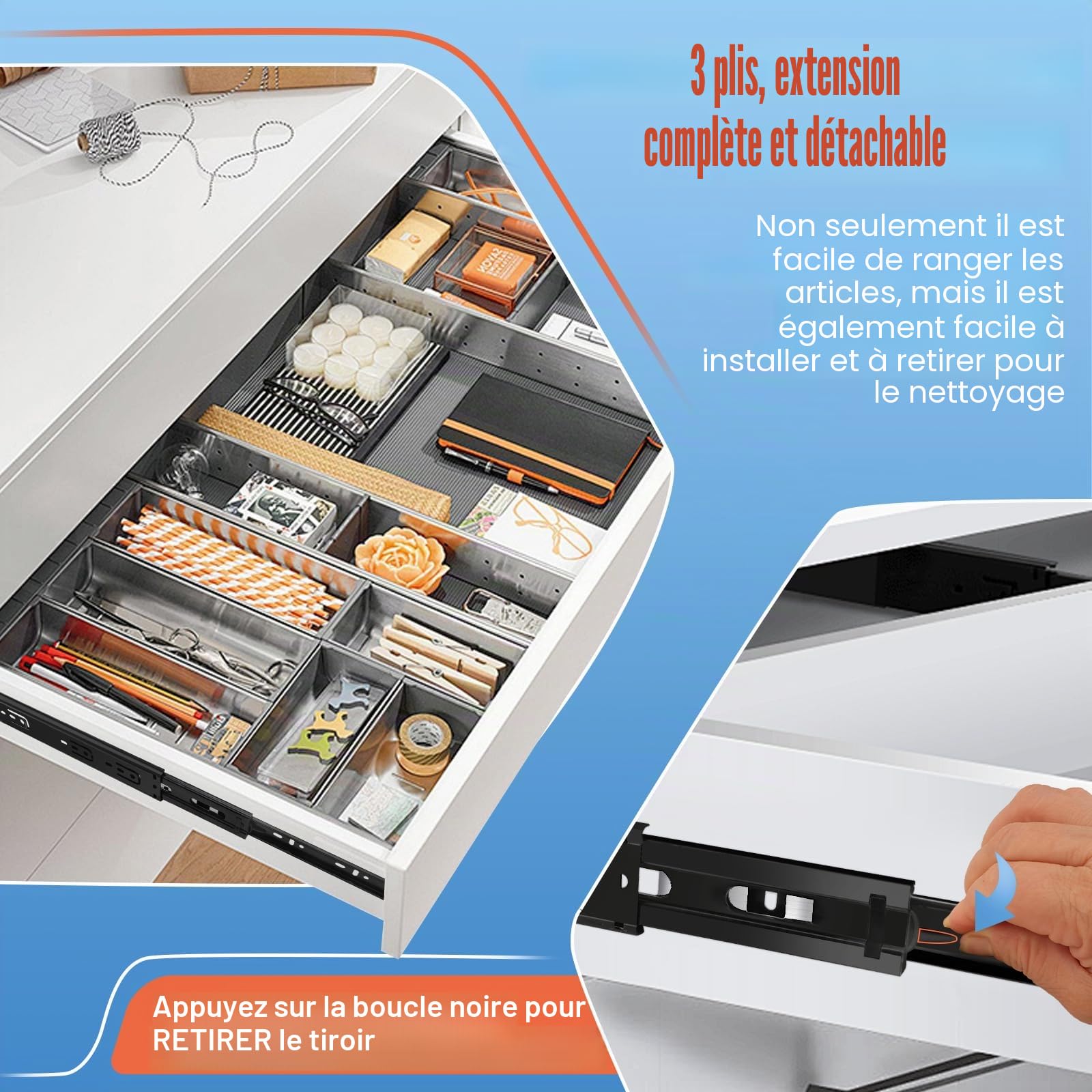 Sulawskys 6 paires glissières de tiroir 45 cm (12 pièces),glissiere pour tiroir, montage latéral,extension complète,coulisse tiroir avec roulements à billes, capacité de 45 kg, noir