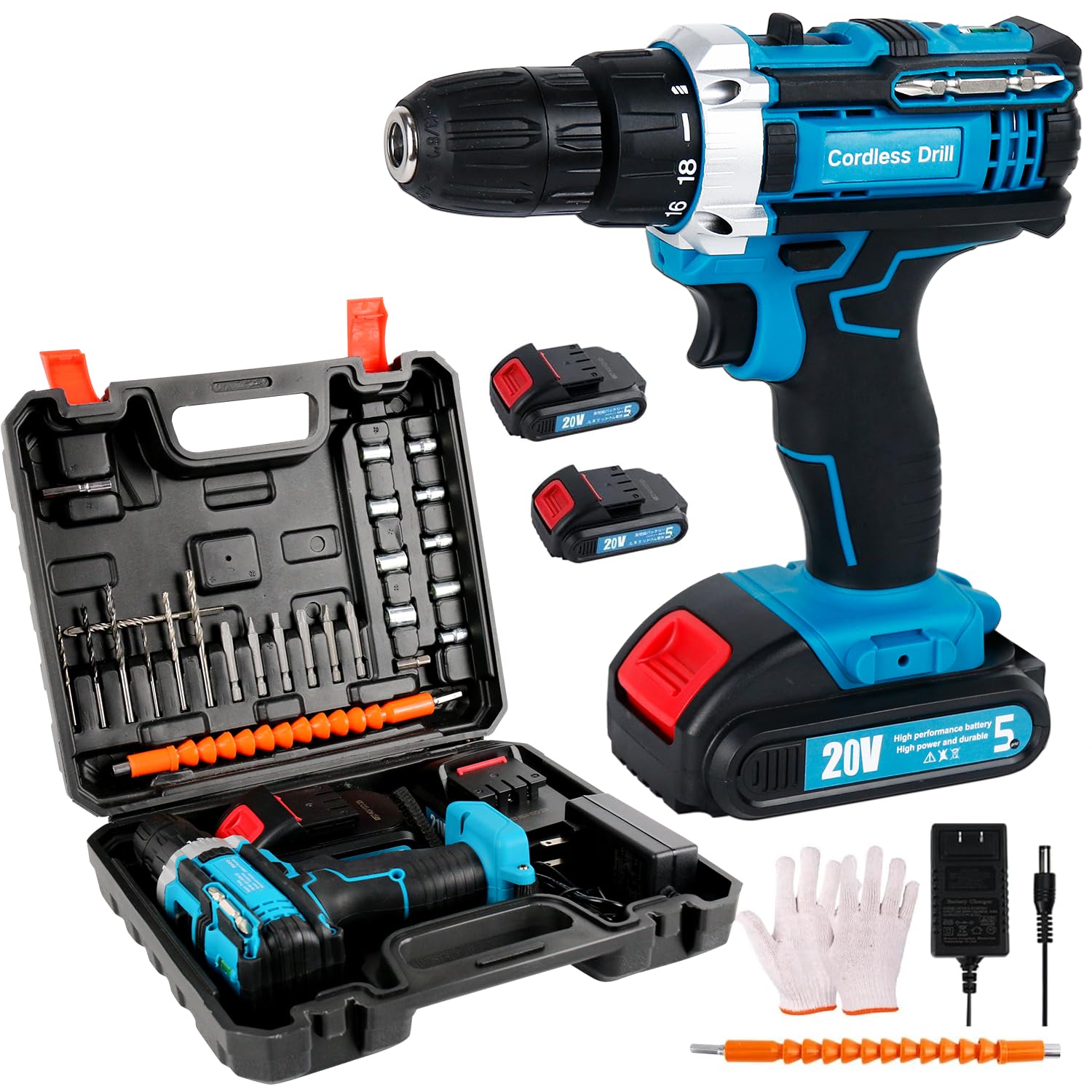 Cordless Drill with Battery and Charger, 20V Electric Power Drills with 2 Batteries, Drilling for Specialized Field and Homework, LED Light & Variable Speed Mode