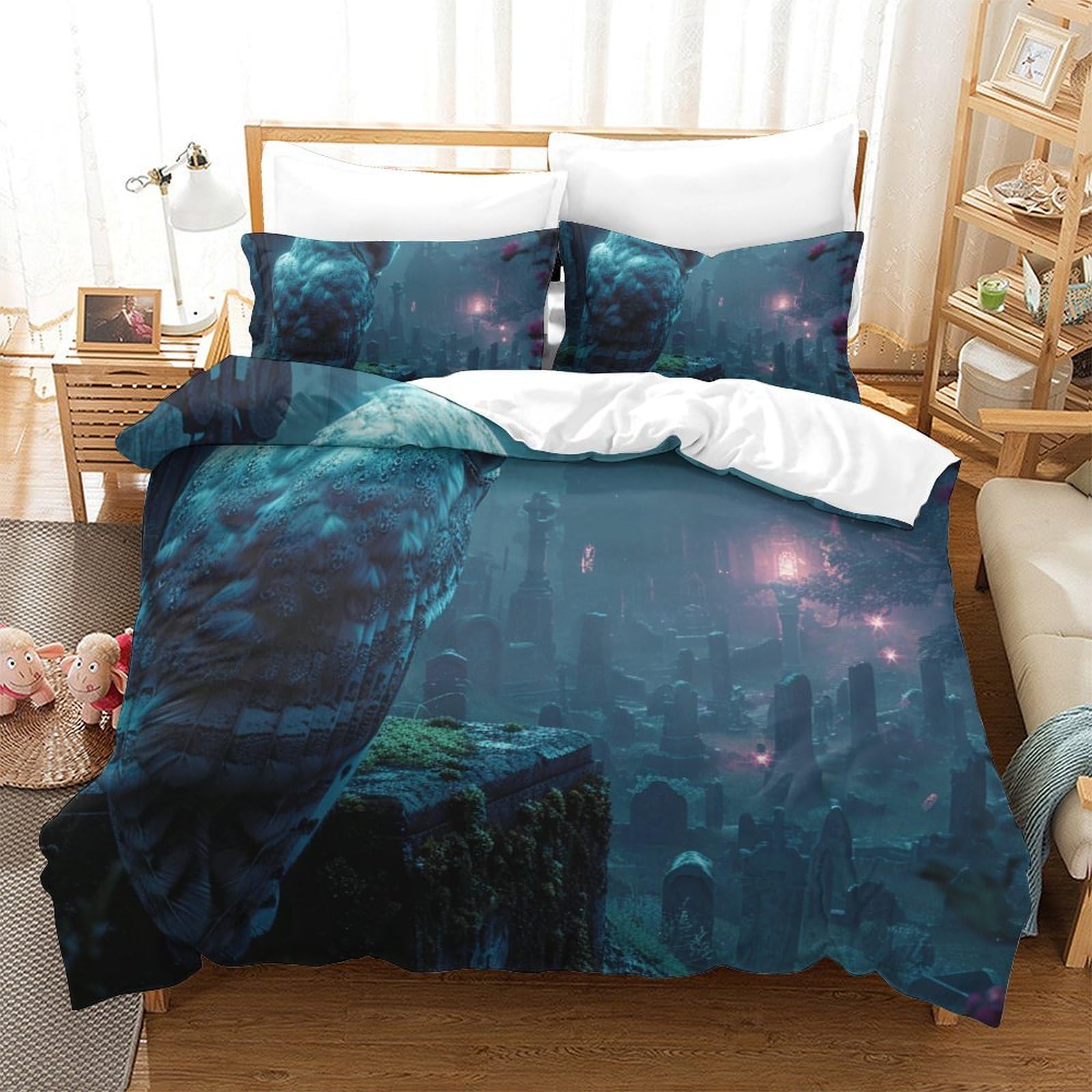 Housse de couette chouette blanche king 220x240cm en microfibre avec 2 taies d'oreiller
