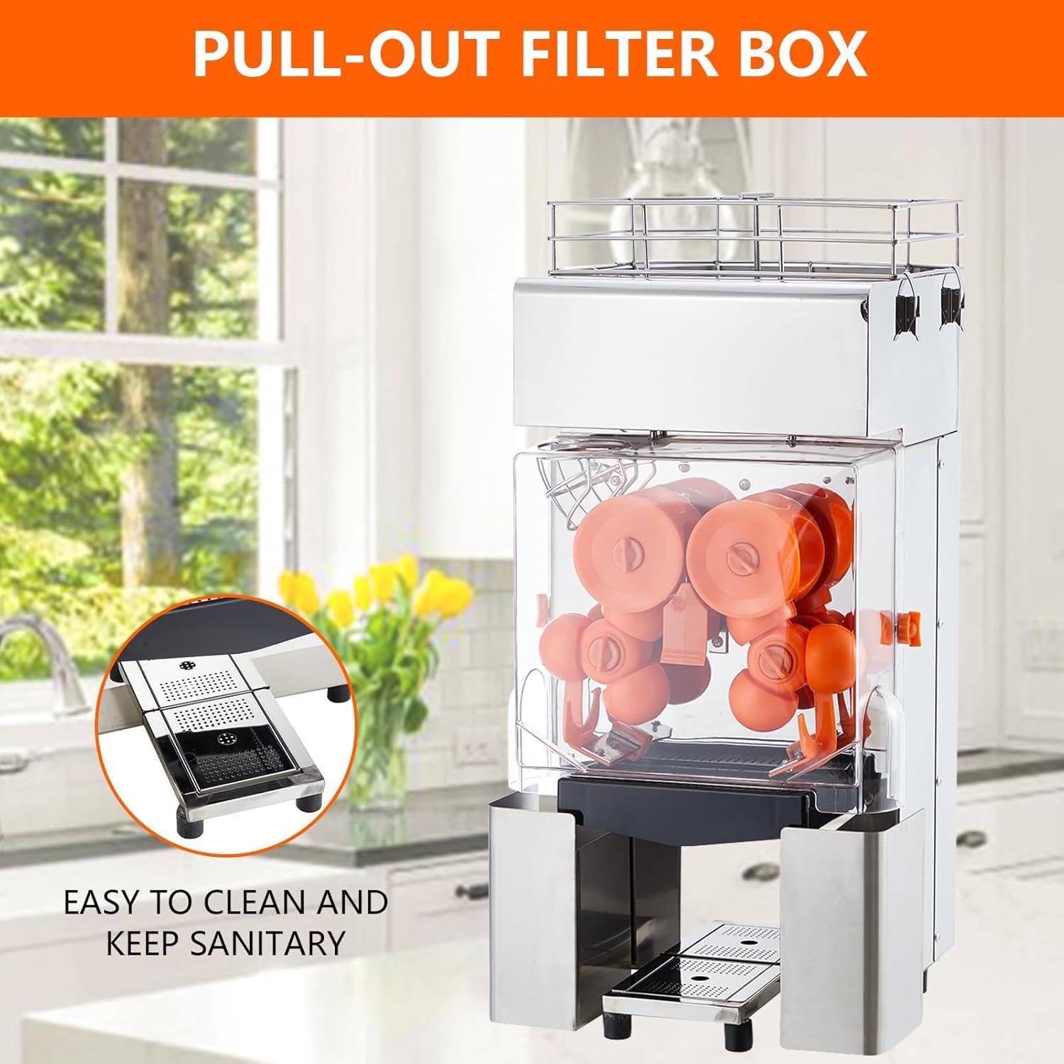 Automatic Commercial Orange Juicer Machine, 110V 120W Extractor with Pull-Out Filter Box, SUS 304 Tank, PP Cover, Two Peel Buckets - High Reliability, Safety Features, Easy to Clean