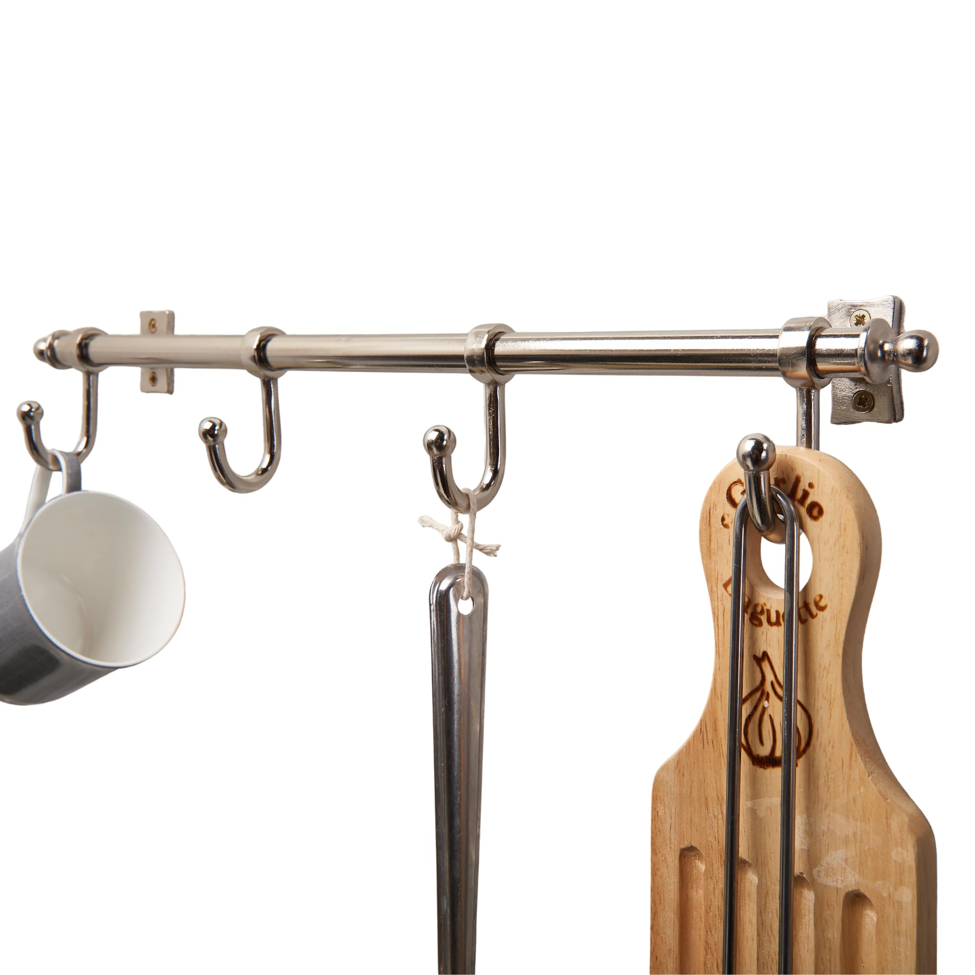 Keypak Satin Nickel Wall-Mounted Metal Kitchen Rail, 4 Hooks, Utensil & Mug Hanger, Hanging Rack For Cups, Pots, Pans & Towels