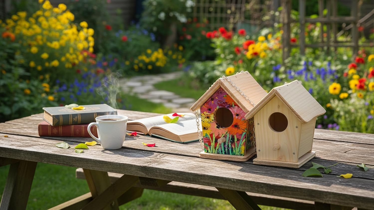 2pc DIY Birdhouse Kit, Cedar Wood Bird House Kits Bulk for Adults, Art Craft Outdoor Birdhouse, Solid Wood Weather Proof Material Painting Kit, Chain for Tree Hanging