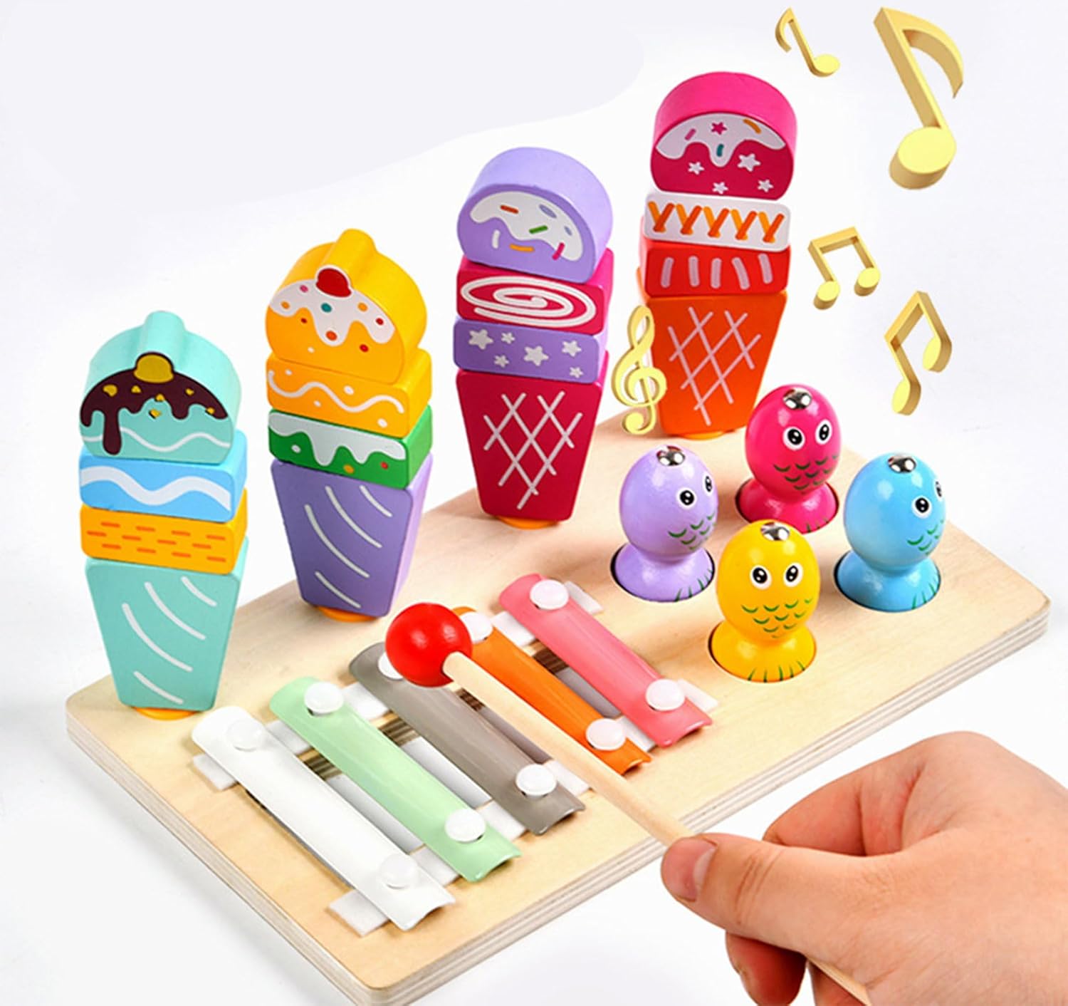 Wooden Montessori Toys for 3 Year Old，Shape Sorter Stacking Games, Fishing Games Preschool Learning Educational Toys for Boys Girls Toddlers (Little Bee)