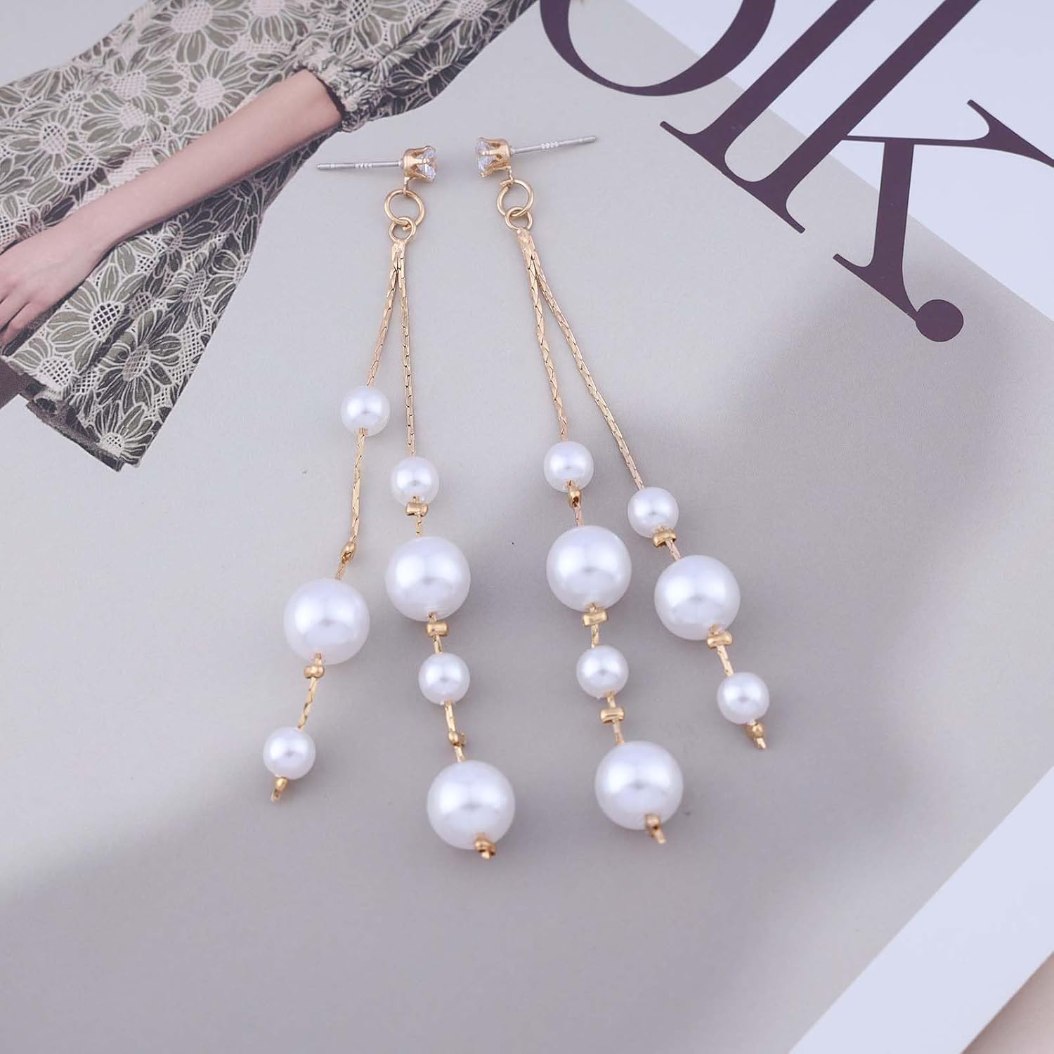 Bohemian Crystal Pearl Drop Earrings Long Pearl Tassel Earrings Retro Cluster Pearl Dangle Earrings Gold Cz Stud Earrings Jewelry for Women Gifts - Image 6