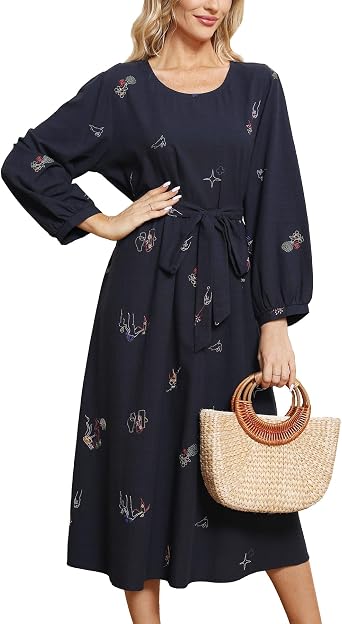 Higustar Womens Embroidered Dress Fashion Casual High Waist Swing Flowy Summer 3/4 Sleeve Empire Tie Waist Dresses