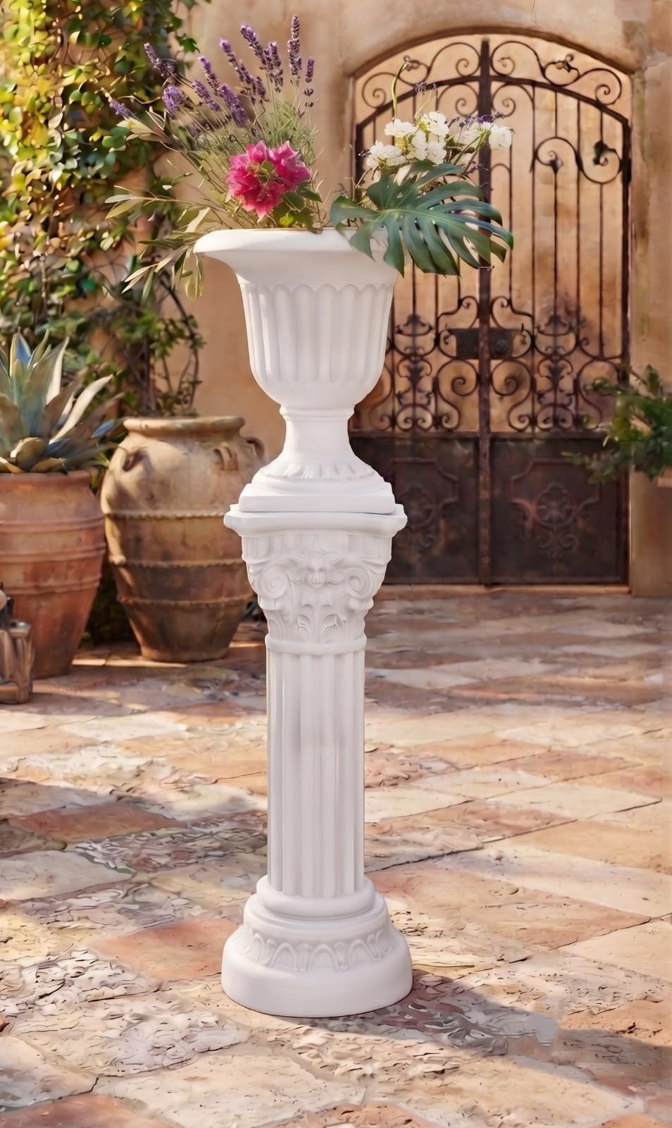 Biznest Roman Pillar Tall Pedestal Stand Greek Column Plastic Vase Figurine Base Sculpture Home Garden Décoration Holder Statue Set Display 89Cm H, WHITE, VASE + STAND