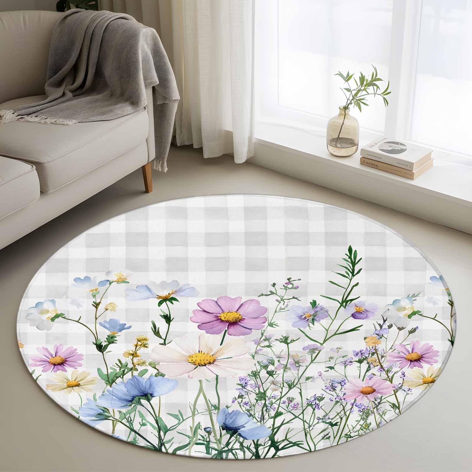Round Area Rug 3.3ft, Spring Floral Non-slip Area Rugs for Living Room/Bedroom/Bathroom/Kitchen, Watercolor Herbs Summer Botanical Plaid Washable Throw Floor Mat Indoor Outdoor Entrance Doormat