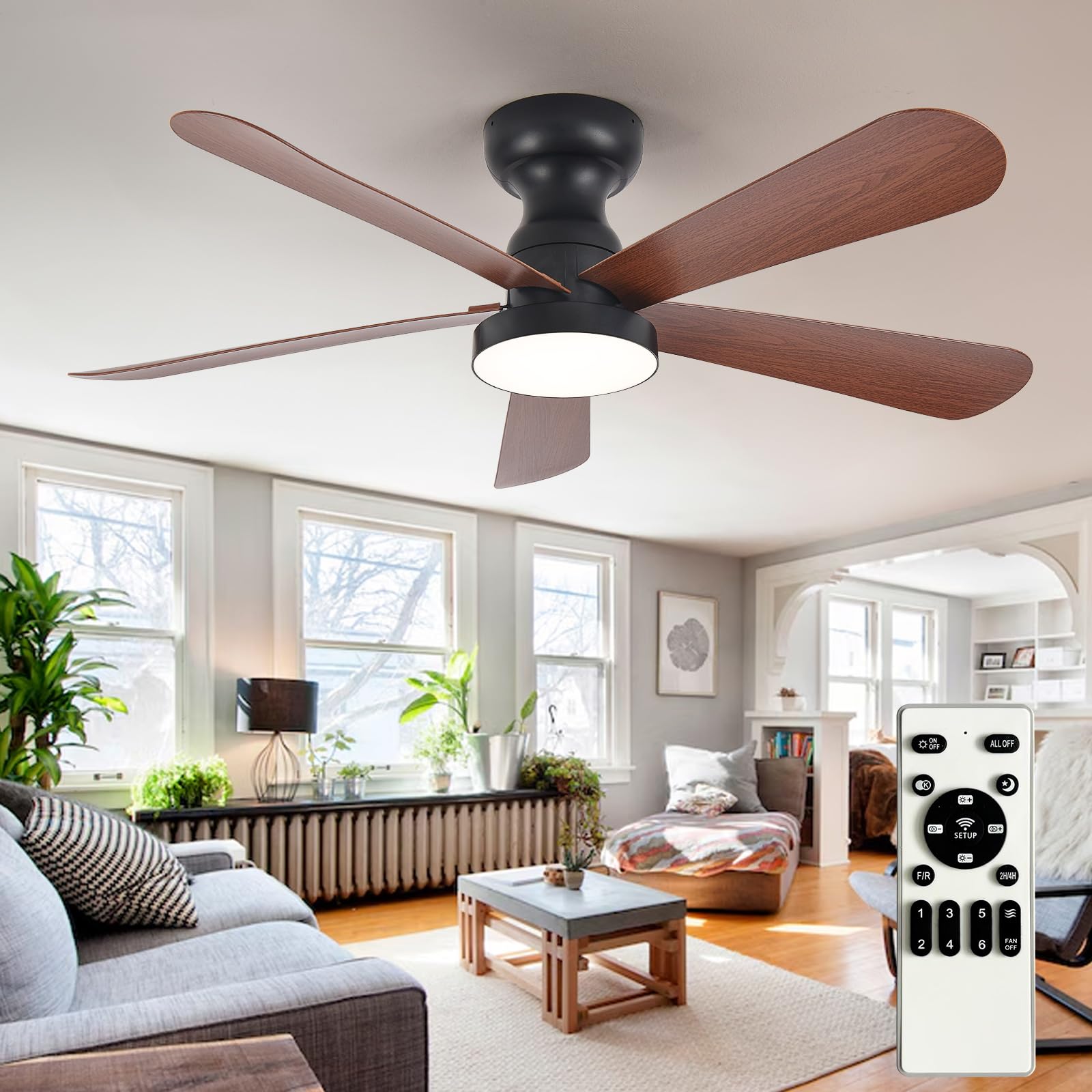 Depuley Small Ceiling Fan with Lights: 42-Inch Flush Mount Fan with Light and Remote - Low Profile Ceiling Fans Reversible Quiet DC Motor for Bedroom Living Room Indoor Outdoor, Walnut