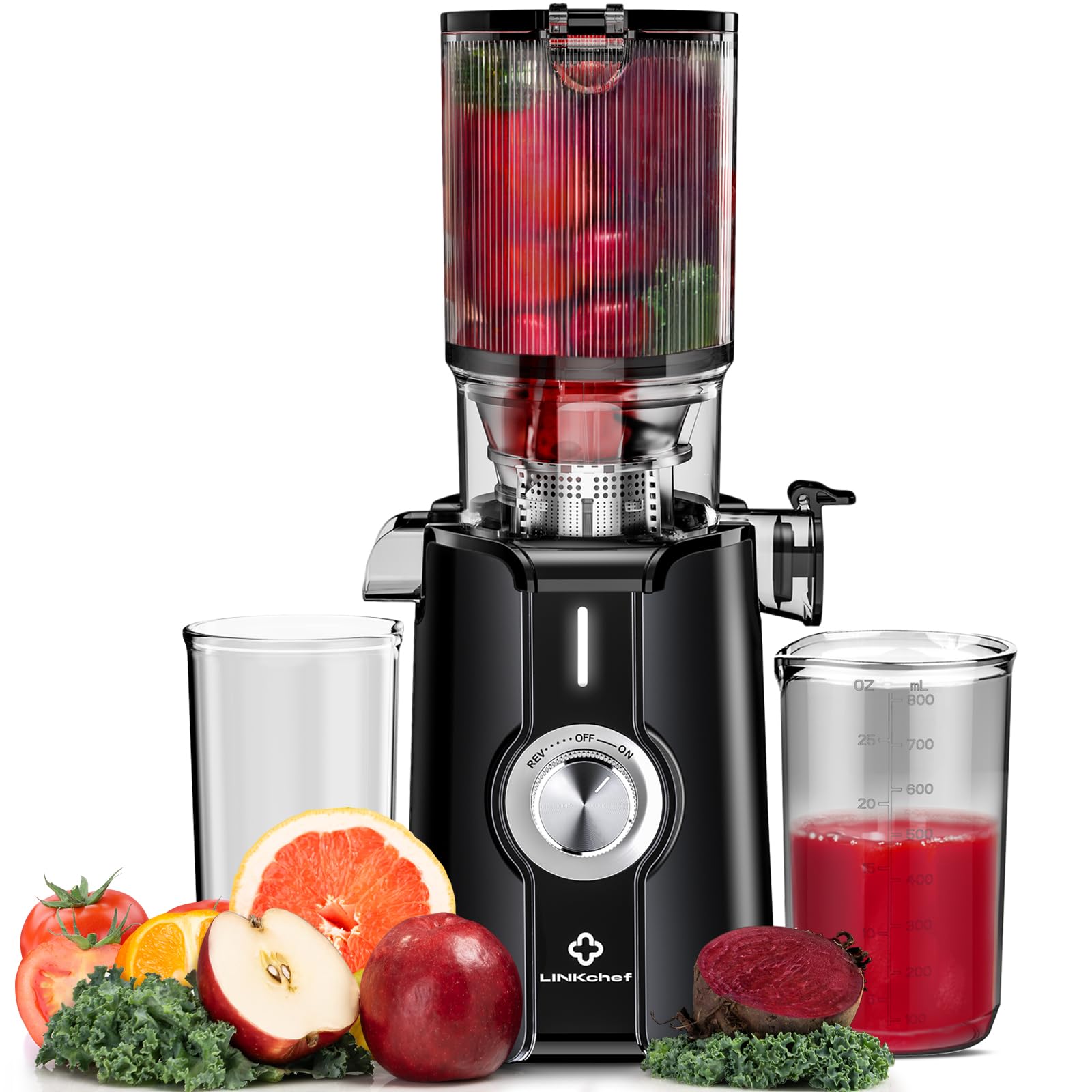 Pulizia Veloce Estrattore Automatico, 115mm Senza Preparazione Estrattore di Frutta e Verdura Intera, LINKchef Estrattore di Succo, Facile da Pulire, 1.2L 200w Nero