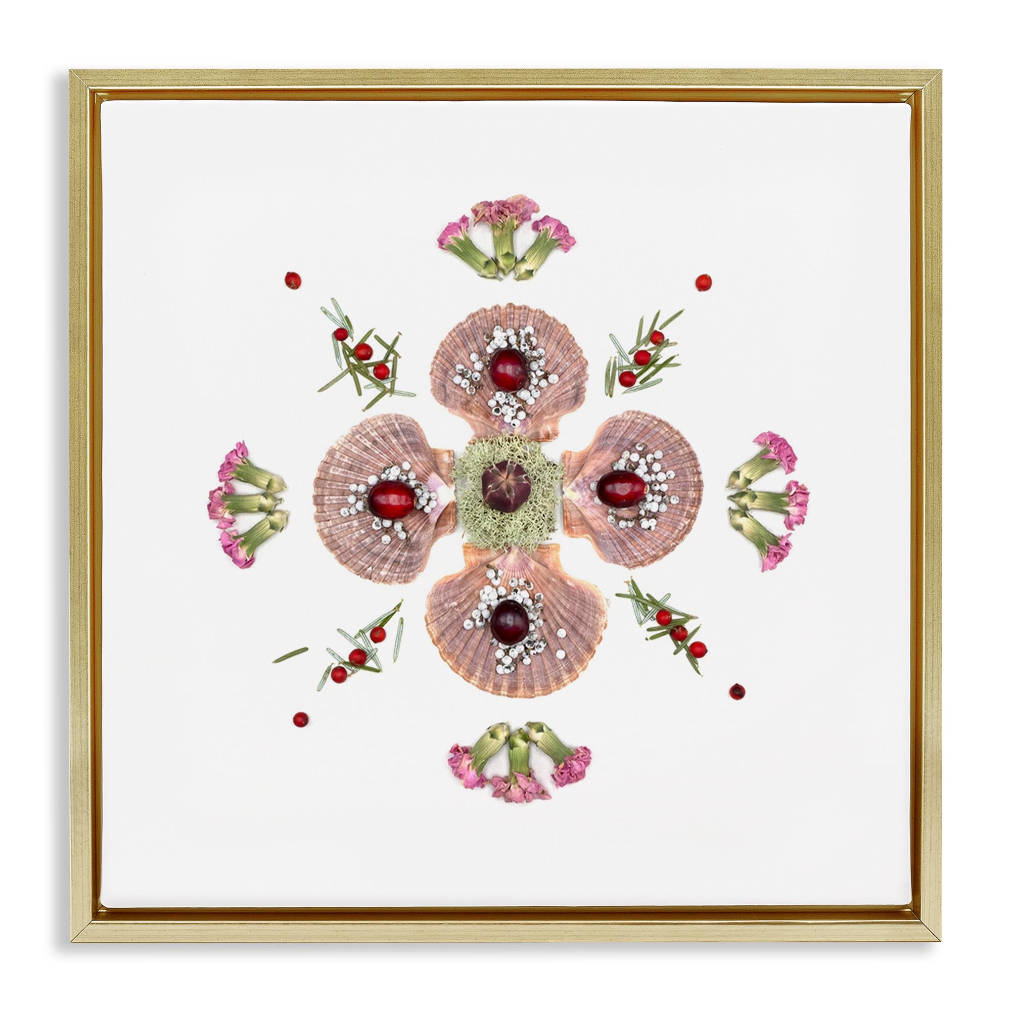 Stupell Industries Botanical Seashell Floral Symmetry 'Clam Shells & Botanicals Pattern', Floating Frame Canvas Art, Gold, 18 X 18 Inches, Easy To Hang And Sturdy, Made In Usa, By Beth Adoette