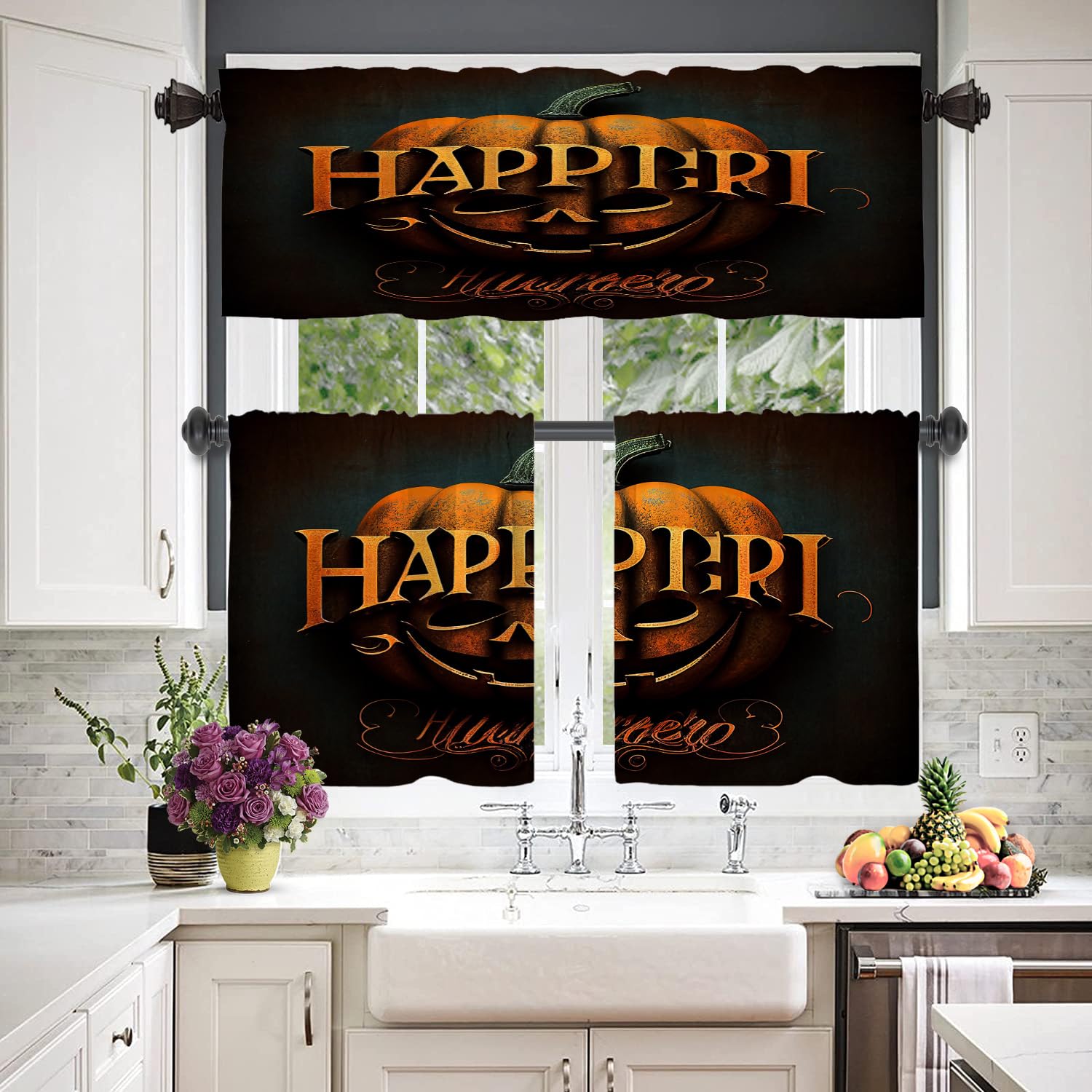 BaoNews Happy Halloween Funny Kitchen Tier Curtains for Windows, Pumpkin Horror Text Black Background Blackout Valances Multilayer Polyester Window Treatments for Kitchen 2 Pack 26X24 Inches