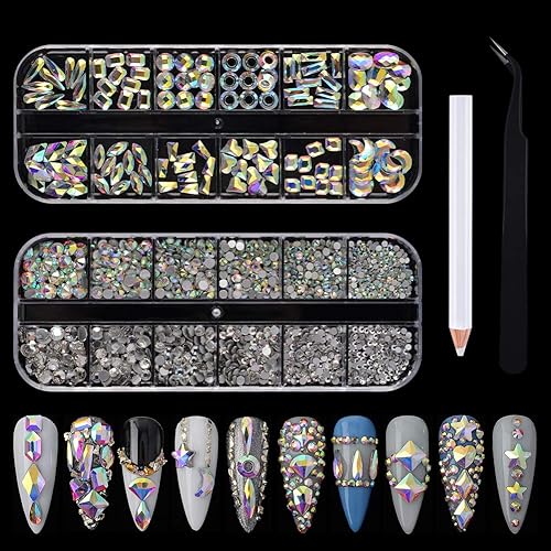 WEILUSI Kit de diamantes de imitación de cristal AB de múltiples formas con parte trasera plana, cuentas redondas, diamantes de imitación con lápiz