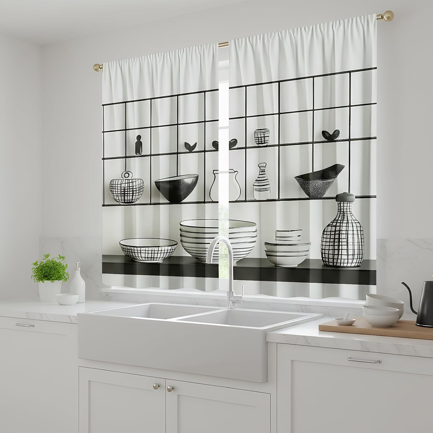 Kitchen Curtains Sets for Windows - 2 Panels 55x39 Inch Rustic Farmhouse Letter Pattern Kitchen Window Curtains, Rod Pocket Country Short Small Cafe Window Curtains Drapes Treatment(C-black&white)