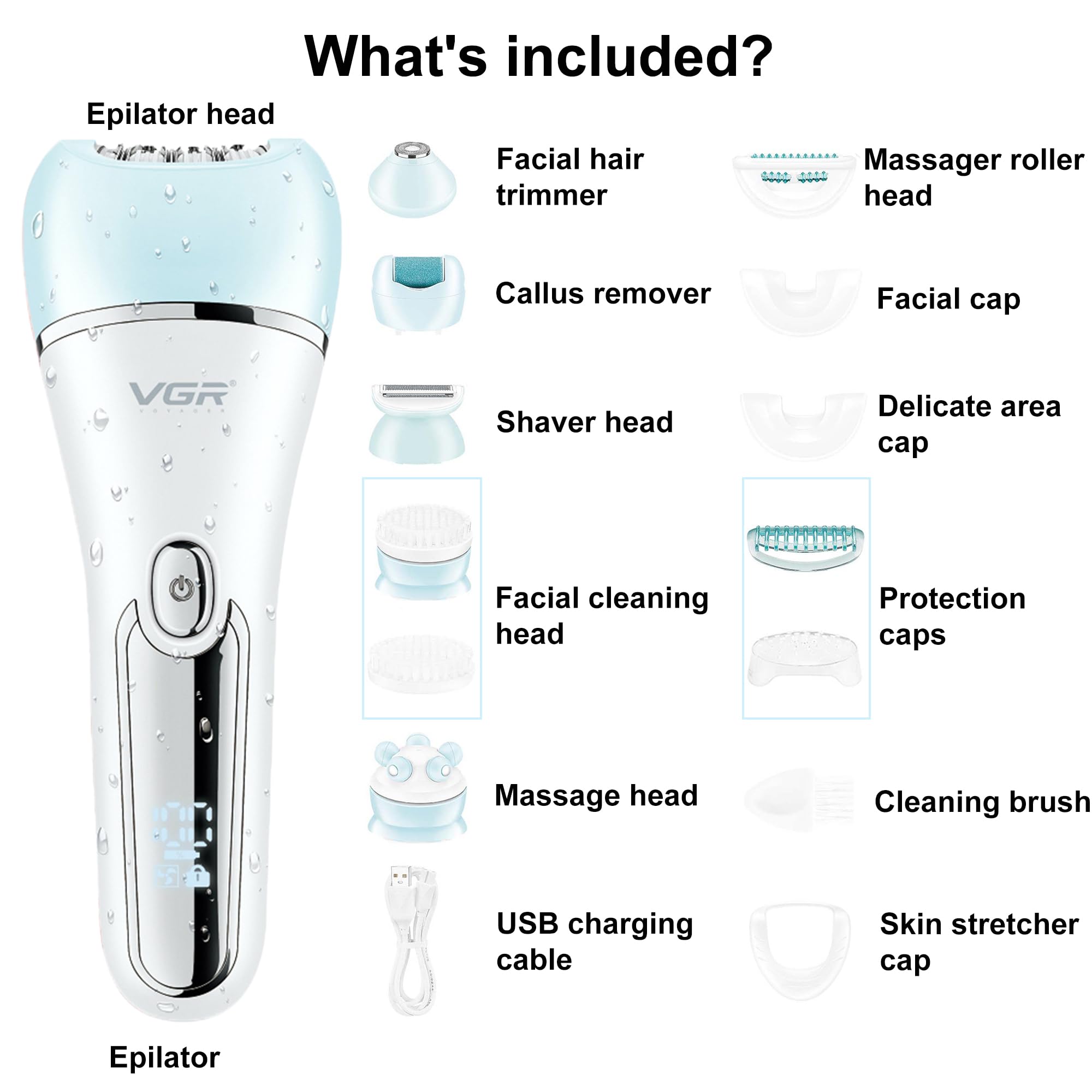 VGR 733 Epilator Hair Removal for Women, 6-in-1 Cordless & Rechargeable Lady Electric Shaver, IPX7 Waterproof Hair Removal Device Wet and Dry Bikini Trimmer for Face Leg Armpit, Blue
