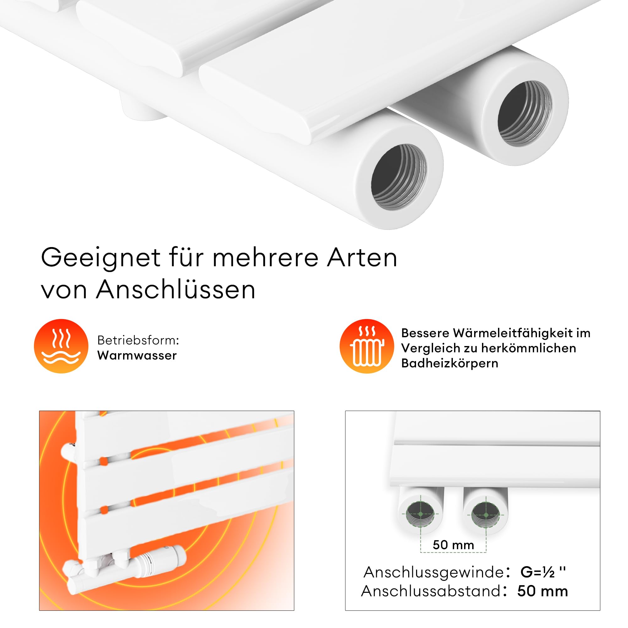 Mai & Mai Badheizkörper Badheizung Heizkörper Bad Flach 104x40 cm | Handtuchheizkörper in Weiß, Seitenanschluss Badheizung Handtuchwärmer 440W