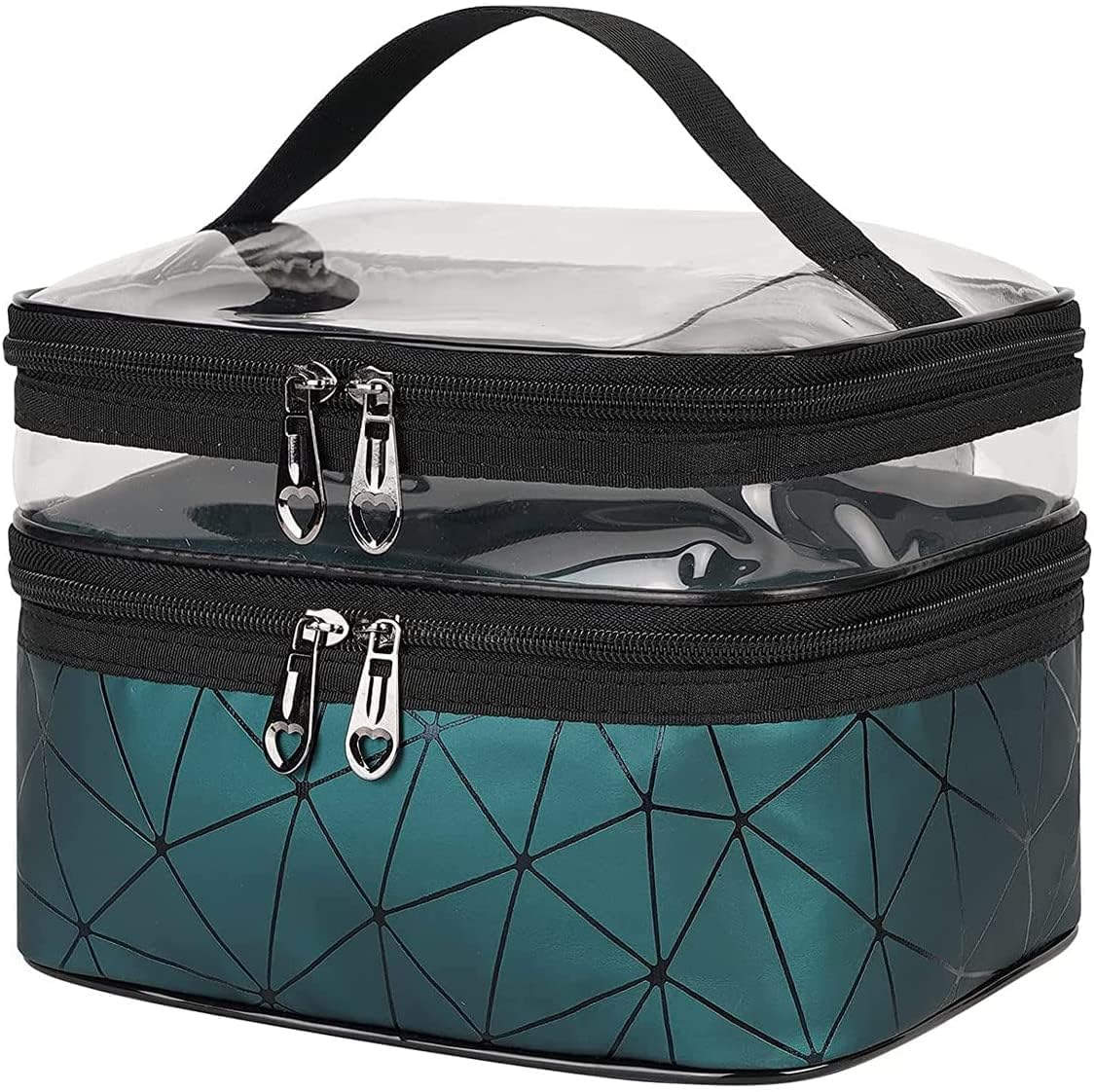 makeup bag double layer travel cosmetic case, waterproof toiletry organizer with transparent compartment, large capacity vanity storage box with handle for women