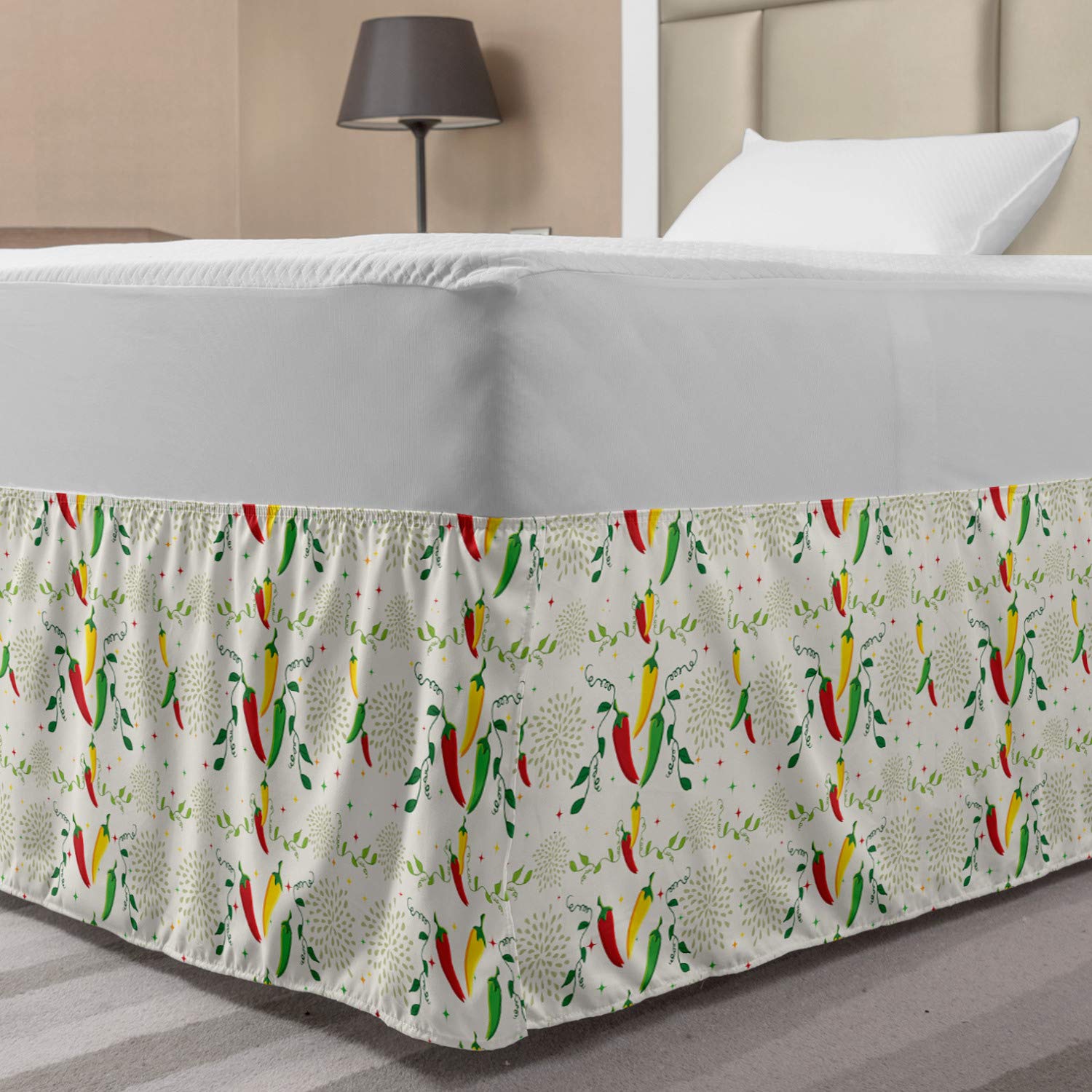 Lunarable Vegetables Bedskirt Gourmand Peppers on Swirl Branches Mexican Food Hot Sauce Image Bedroom Decor Wrap Around Elastic