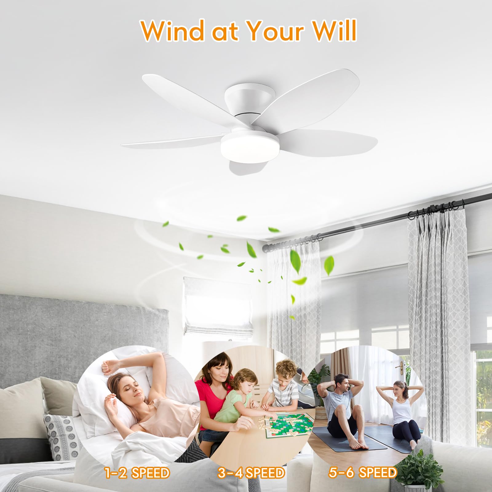 Ventilatore Pale Da Soffitto Con Luce E Telecomando, Silenzioso 5 Pale Lampadario Con Ventola, Dimmerabile LED Plafoniera Ventilatore Per Camera Da Letto, Cucina, Soggiorno-Black+WoodGrain||42in