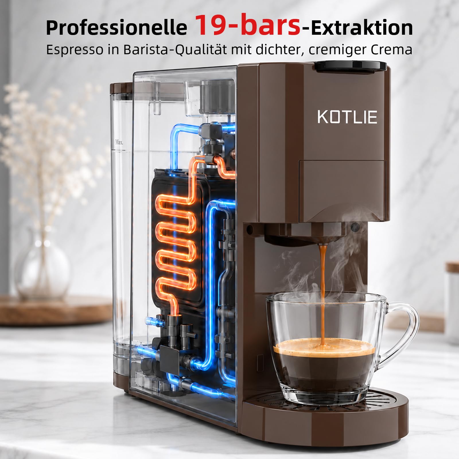 KOTLIE Kaffeemaschine, 4-in-1-Kaffeemaschine für NES/DG/Kaffeepulver/ESE(44mm),19 Bar,800ml