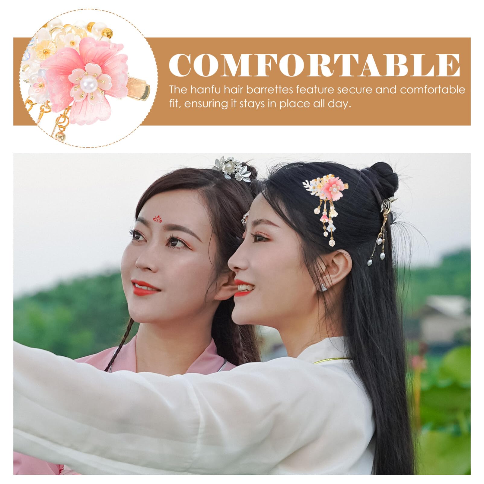 Beavorty Hanfu Hair Accessories 1 Pair Chinese Flower Hair Clips with Tassel Barrette for Women Traditional Styling Accessory 3.78X2.36X0.59In - Image 2