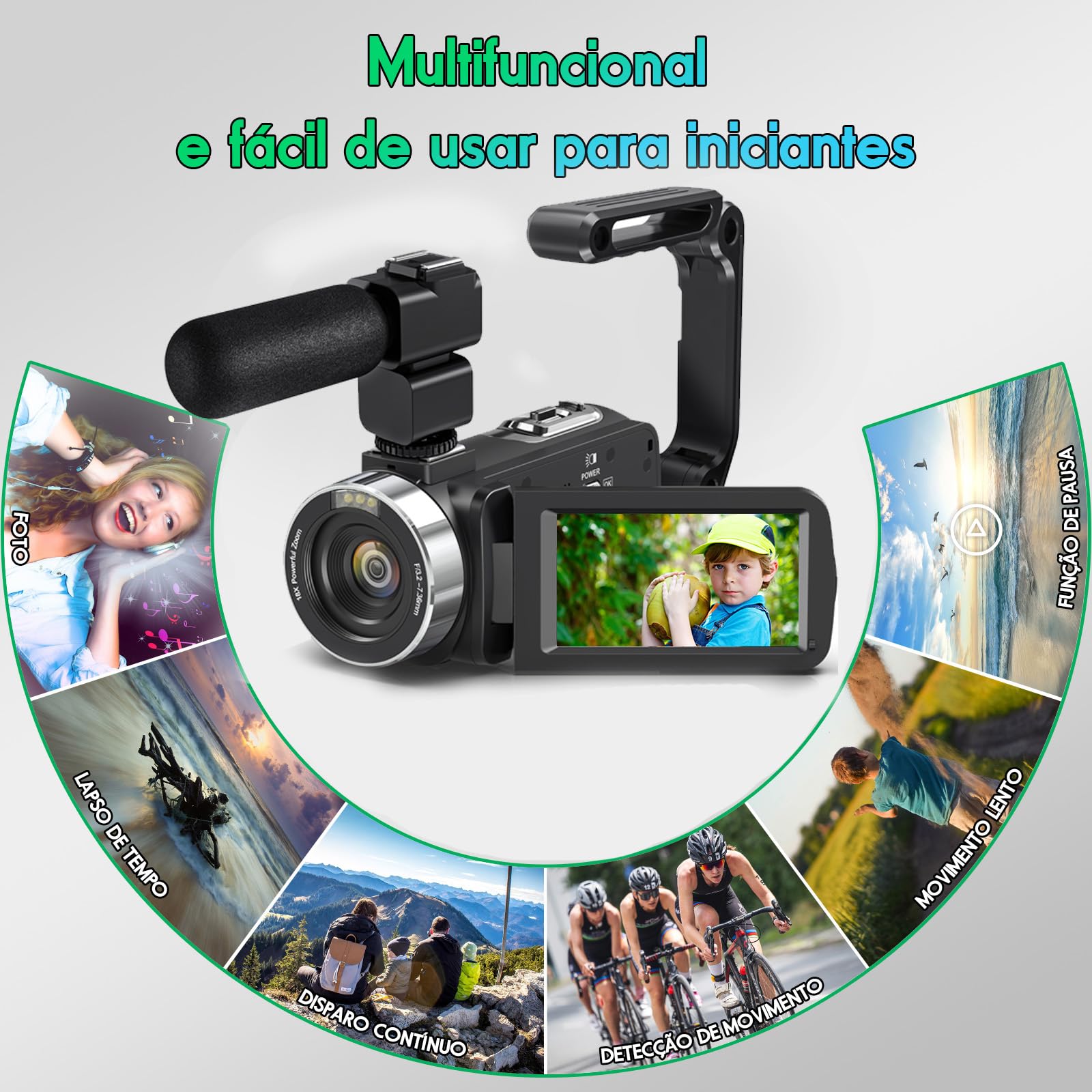 Câmera de vídeo digital 8K, 64MP,Transmissão WiFi, Zoom de 18X