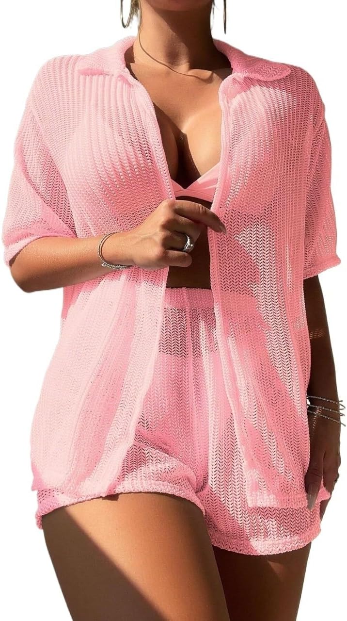 Women Knit V-Neck Short Sleeve Cover Up And Shorts Summer 2pcs/Set, Beach cover ups for swimwear