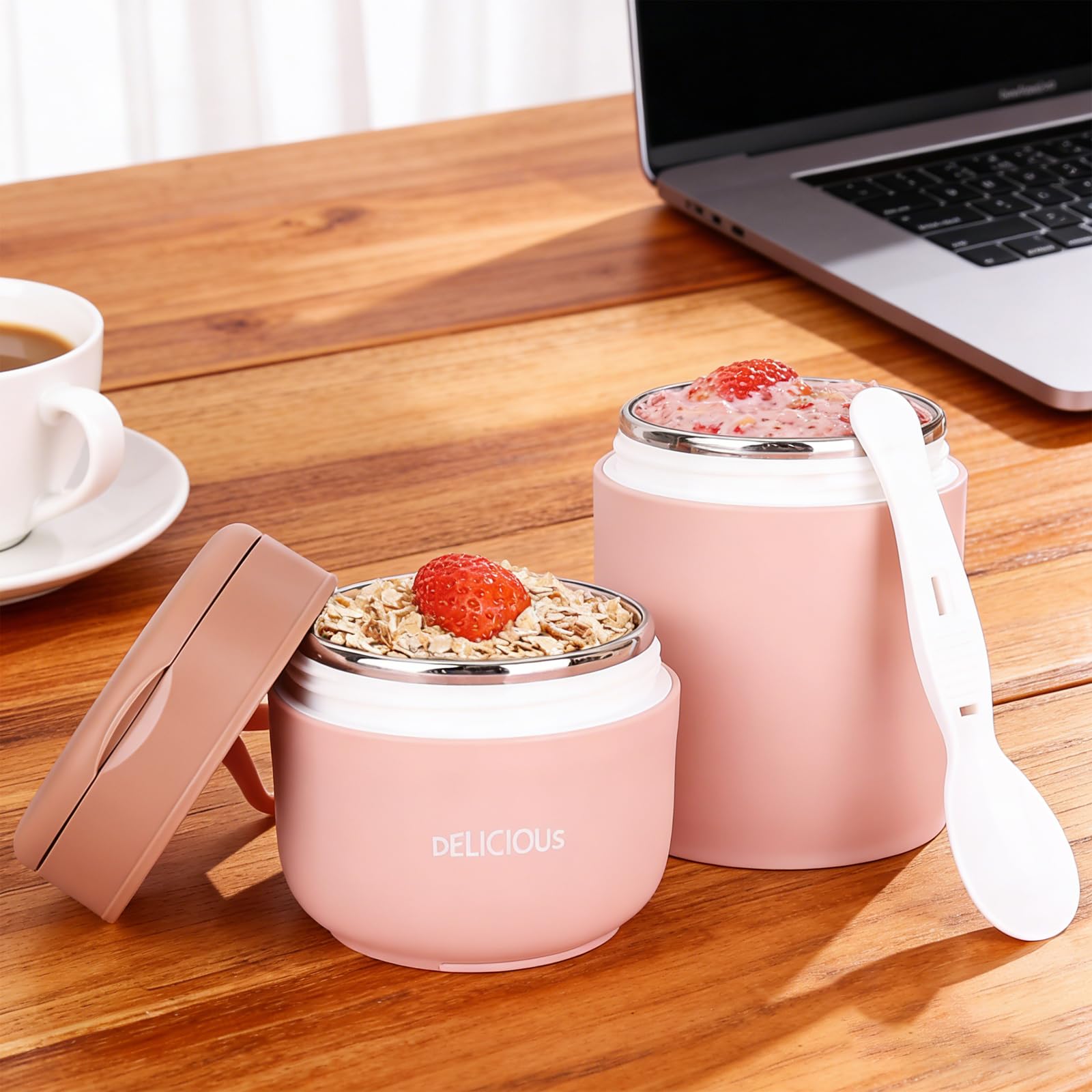 Contenitore termico a doppio strato per alimenti: 2 unità, isolamento sottovuoto, contenitore termico per pranzo da asporto (rosa e verde, 430 ml, 430 + 300 ml)