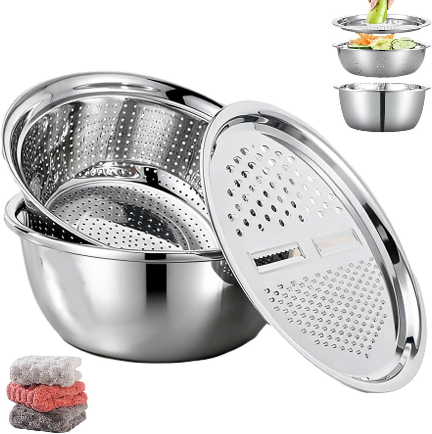 5-in-1 Stainless Steel Mixing Bowl with Grater, Strainer & Drain Basket - Multifunctional 9.5-inch Chopping Basin for Easy Shredding & Drainage in Germany