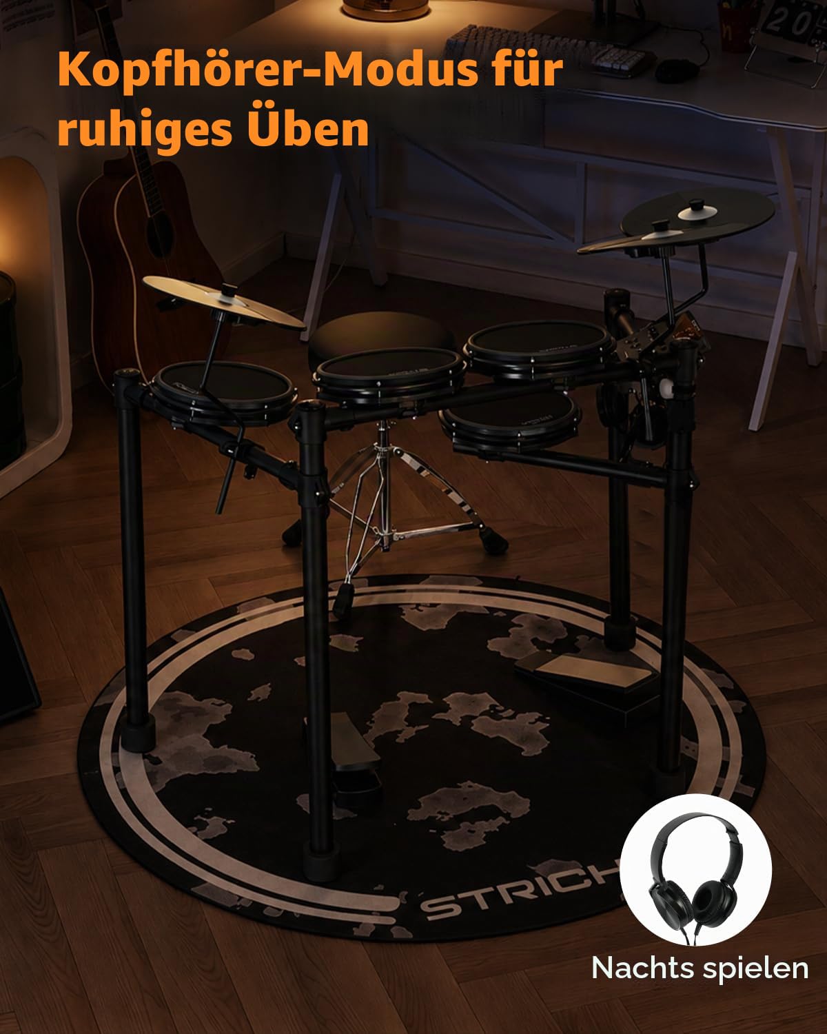 STRICH Elektronisches Schlagzeug E-Drum Set mit Mesh Heads, LED Drum Pads, USB MIDI, faltbares Electronic Drum Kit mit Drumhocker, Kopfhörer und Drum Matte für Anfänger & Home Practice, SED-T03