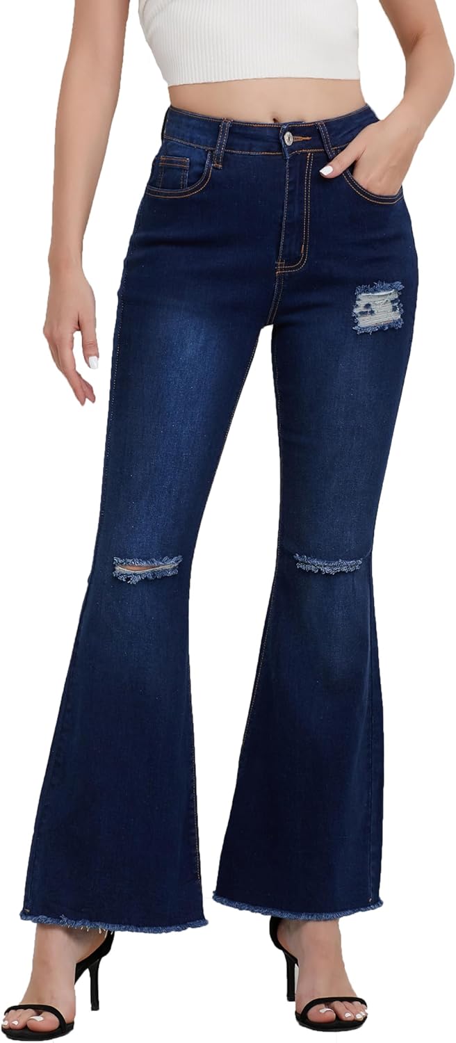 Women's High Waisted Ripped Flare Jeans Skinny Trendy Jeans Wide Leg High Rise Denim Pants for Casual Trendy Look