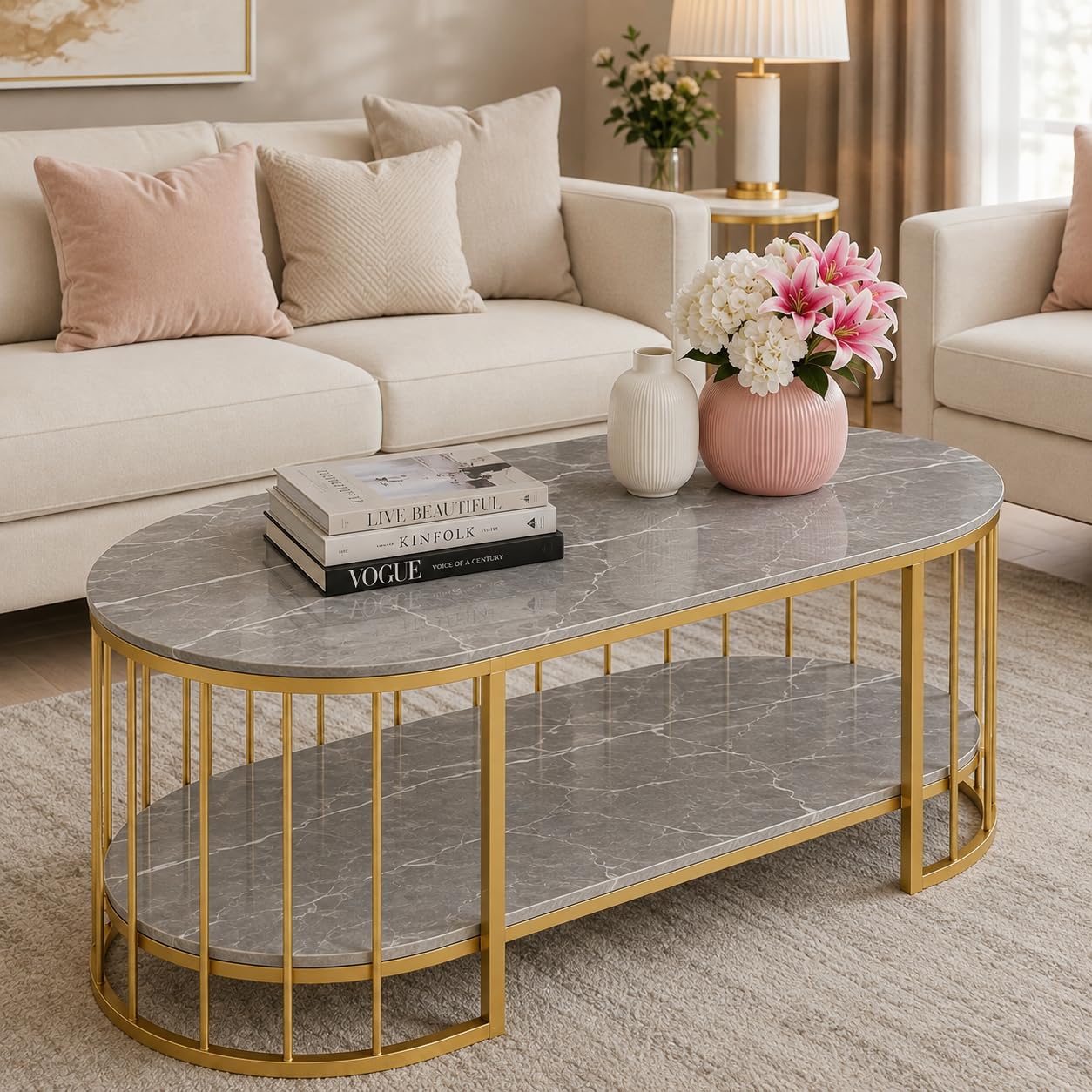 Luxury Oval Coffee Table for Living Room Premium Marble Finish Top 2-Tier Storage Shelf with Heavy Duty Metal Frame Modern Centre Table for Home, Office & Apartment (Gold & Grey)-image-47