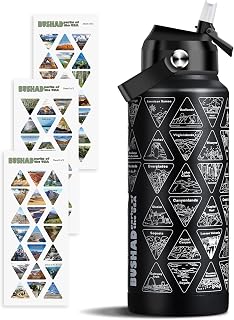 National Parks Water Bottle with Stickers | 32oz Wide Mouth Leakproof Stainless Steel Bucket List Insulated Bottle for Camping & Hiking | Gifts for Hikers | BPA-Free [BLACK]
