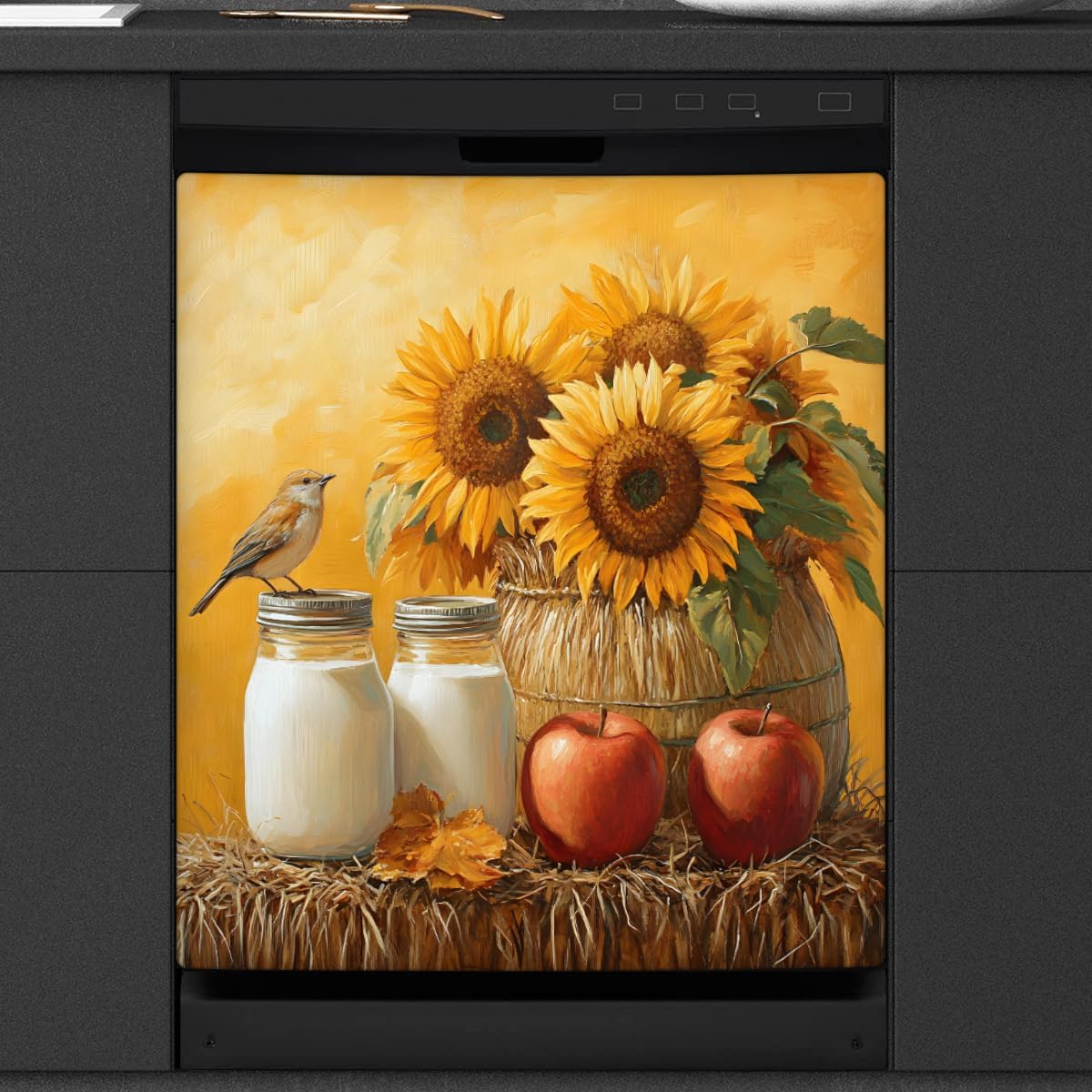 Dishwasher Magnet Cover Yellow Sunflower Apple Front Dishwasher Cover Decorative Refrigerator Reuseable Home Cabinet Appliances Stickers 23 x 26 inches