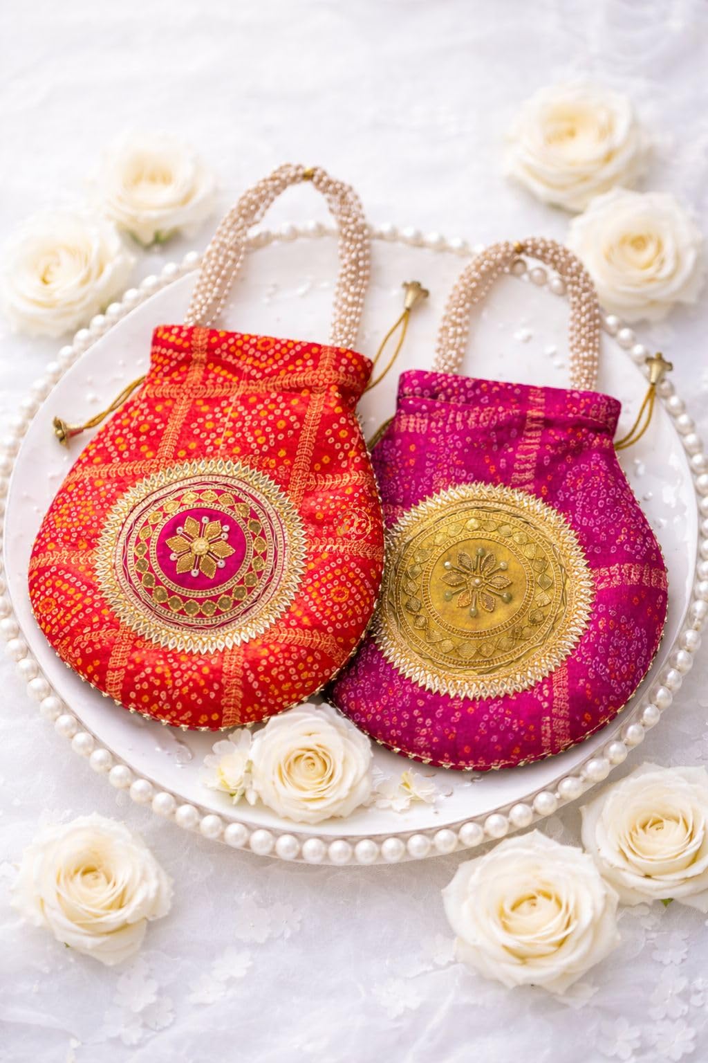 arrakasta crafts Bandhej Patola Ghatchola Leheriya Gota Patti Potli Bags For Ladies For Wedding Return Gifting With Pearl Handle Pack Of 2, Shagun Pouch Ethnic Handbag-picture-39