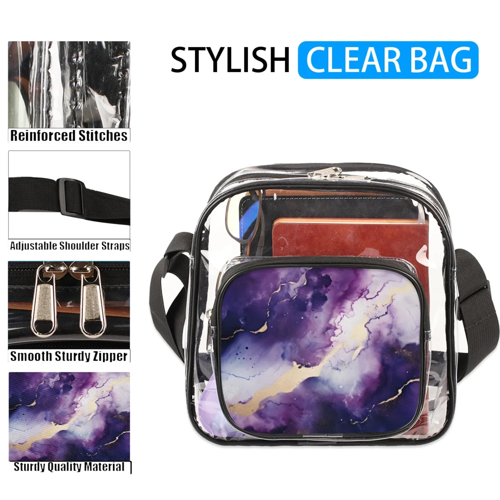 Clear Crossbody Bag Stadium Approved Marble Skin Transparent Bag for Festivals, Sports Events, Concerts,Beach Bag for Women Men Abstract Gradient Purple Clear Purse with Front Pocket Messenger Bag