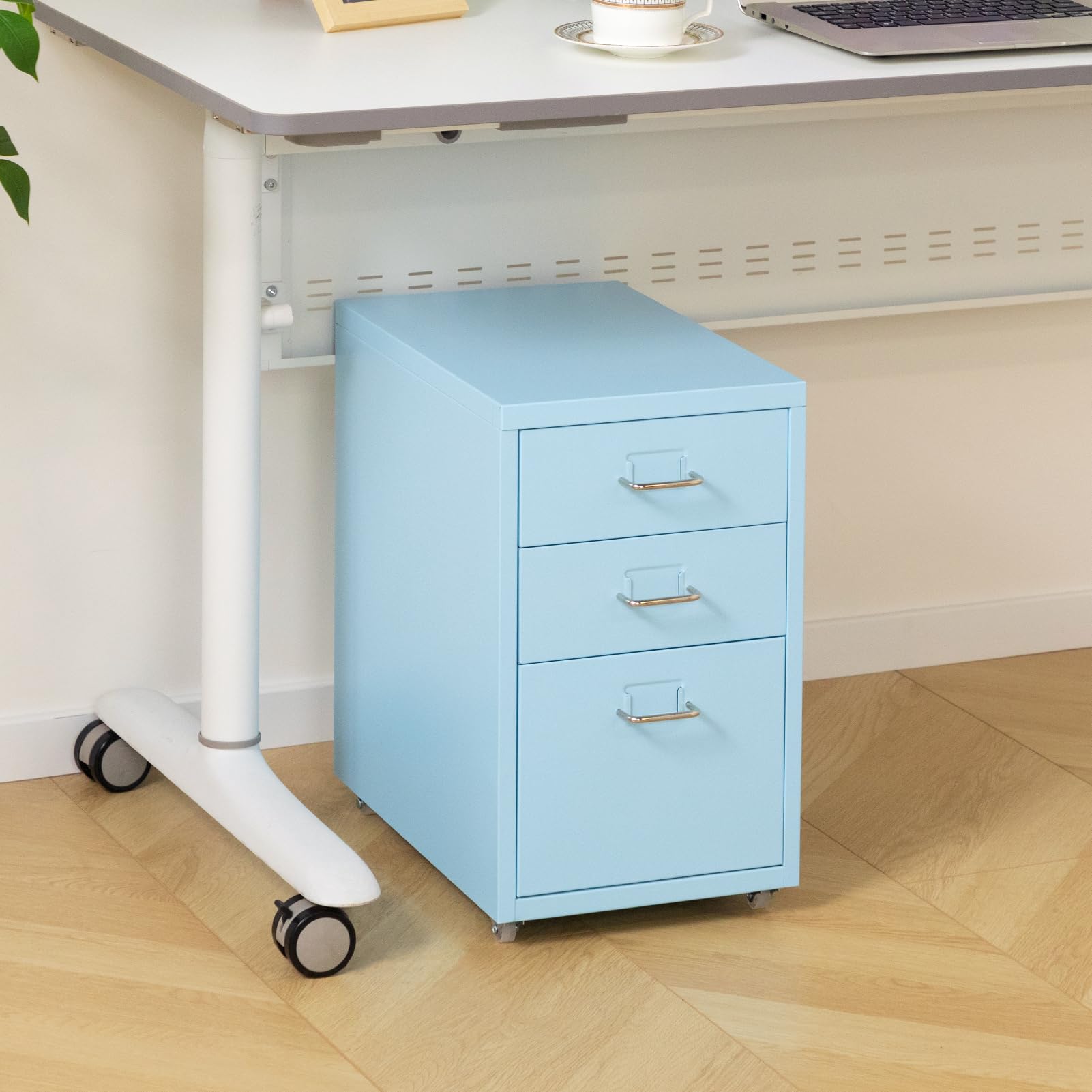 HollyHOME Schedario Mobile a 3 Cassetti, Organizzatore Portadocumenti Sotto Scrivania su Rotelle, Armadietto Portadocumenti in Metallo con Rotelle per Casa e Ufficio, Azzurro