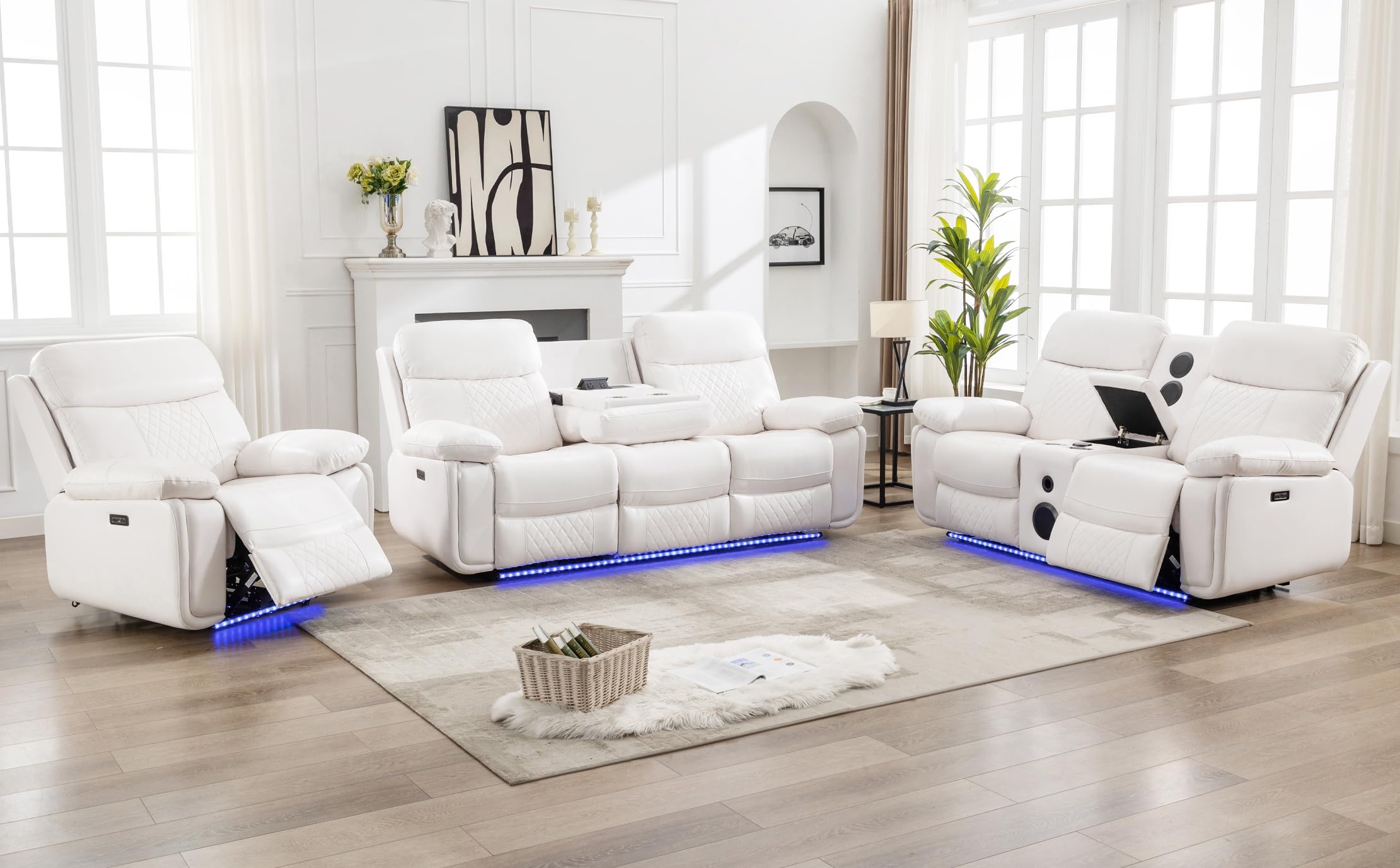 Assembled Comfort Stretch Power Recliner Sofa Set in white faux leather