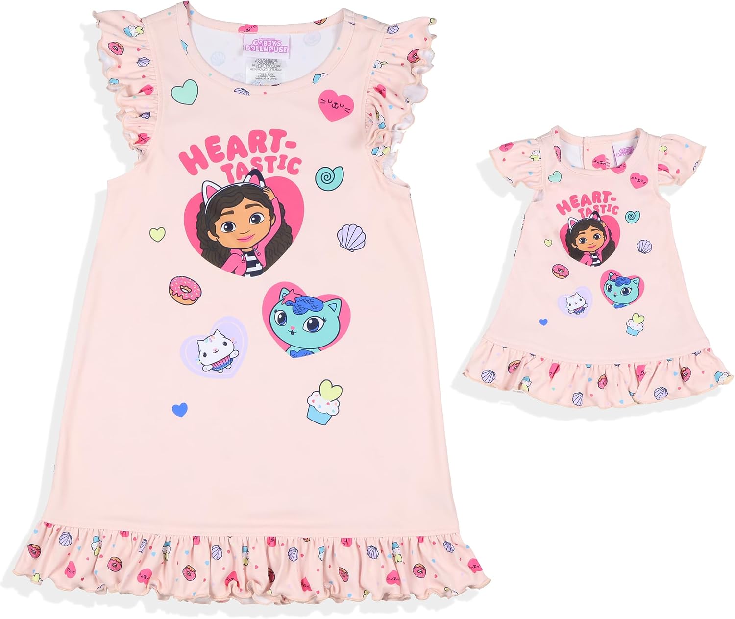 INTIMO Gabby's Dollhouse Toddler Girls' Heart-Tastic Pajama Sleep Nightgown with Matching Doll Night Dress
