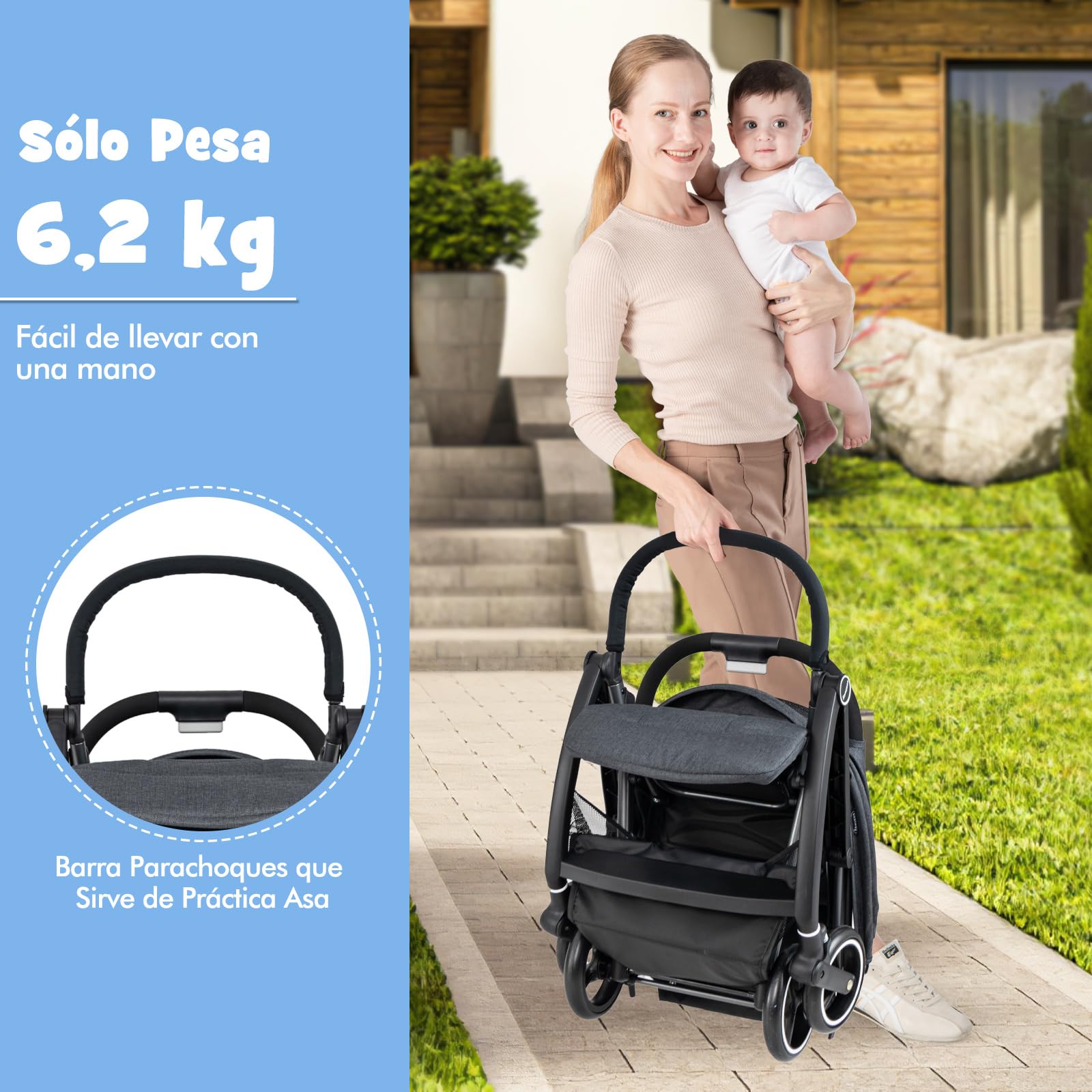 COSTWAY Silla de Paseo Ligera, Carrito Bebe Plegable con Respaldo Ajustable, Capota y Arnés de 5 Puntos, Cesta de Almacenamiento, Plegado con Una Mano, para Bebés de 0 a 36 Meses (Gris)